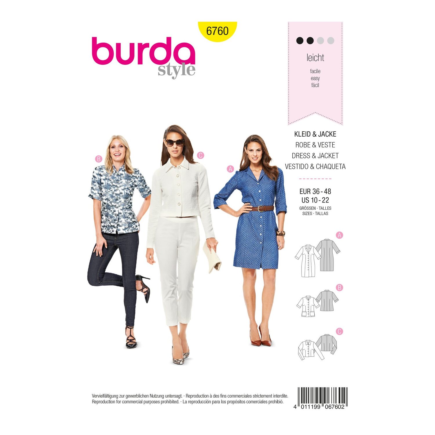 burda style Schnittmuster 6760: Hemdblusenkleid und Jacken, Vorderseite der Schnittmustertüte