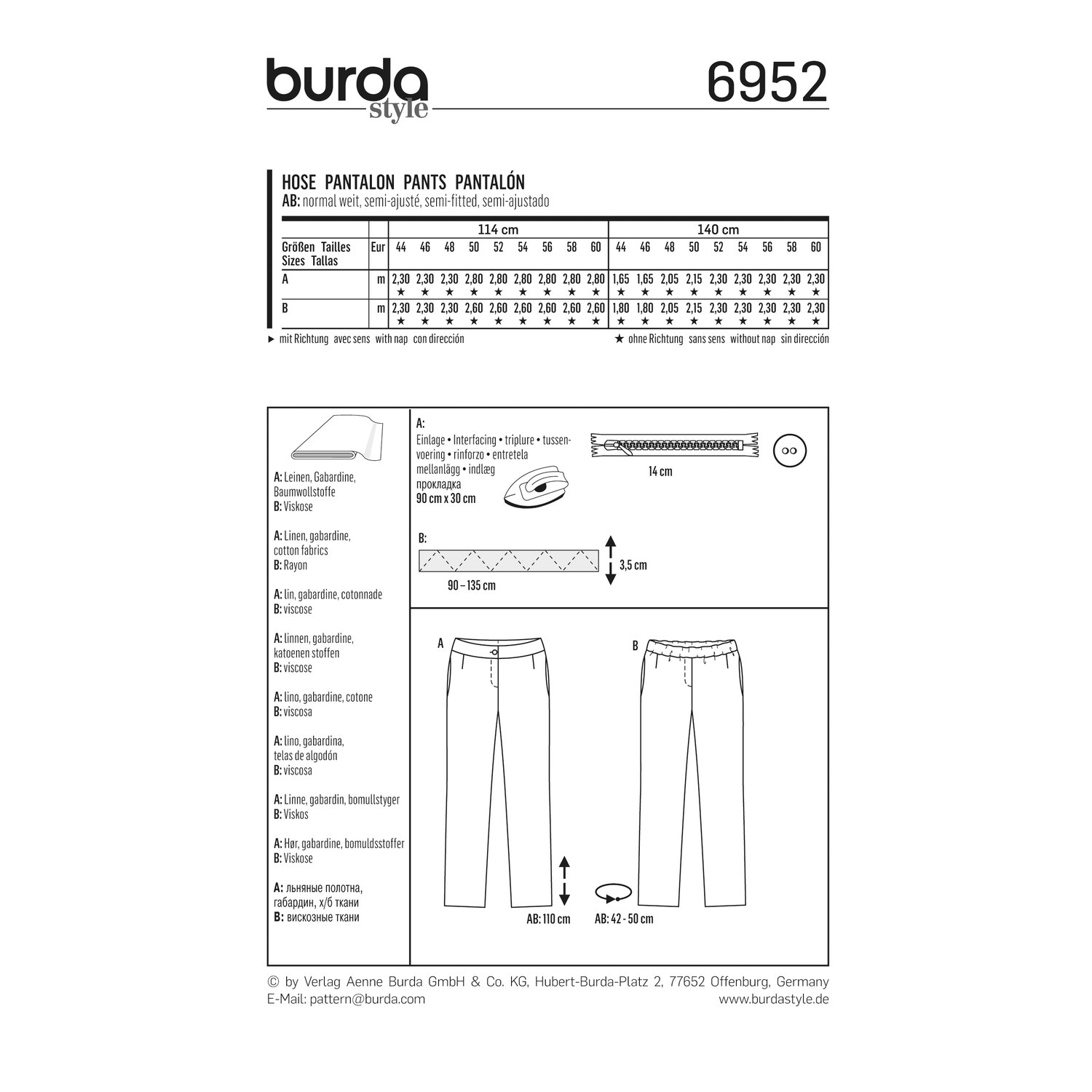 burda style Schnittmuster 6952: Schmale Hose für Curvy-Größen, Rückseite der Schnittmustertüte mit Stoffverbrauch