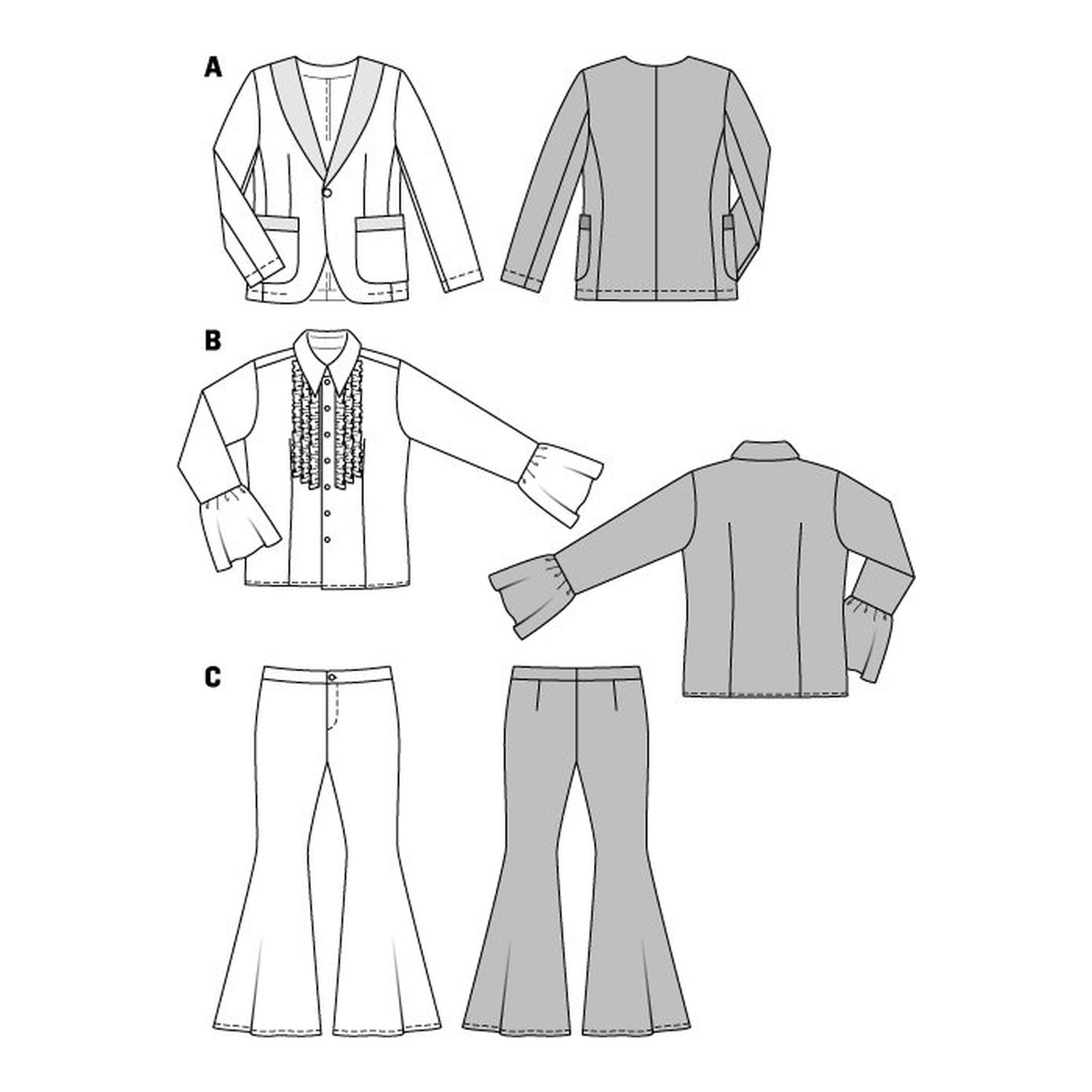 burda style Schnittmuster 2374: Herren-Outfit im Siebzigerstil, Technische Zeichnung