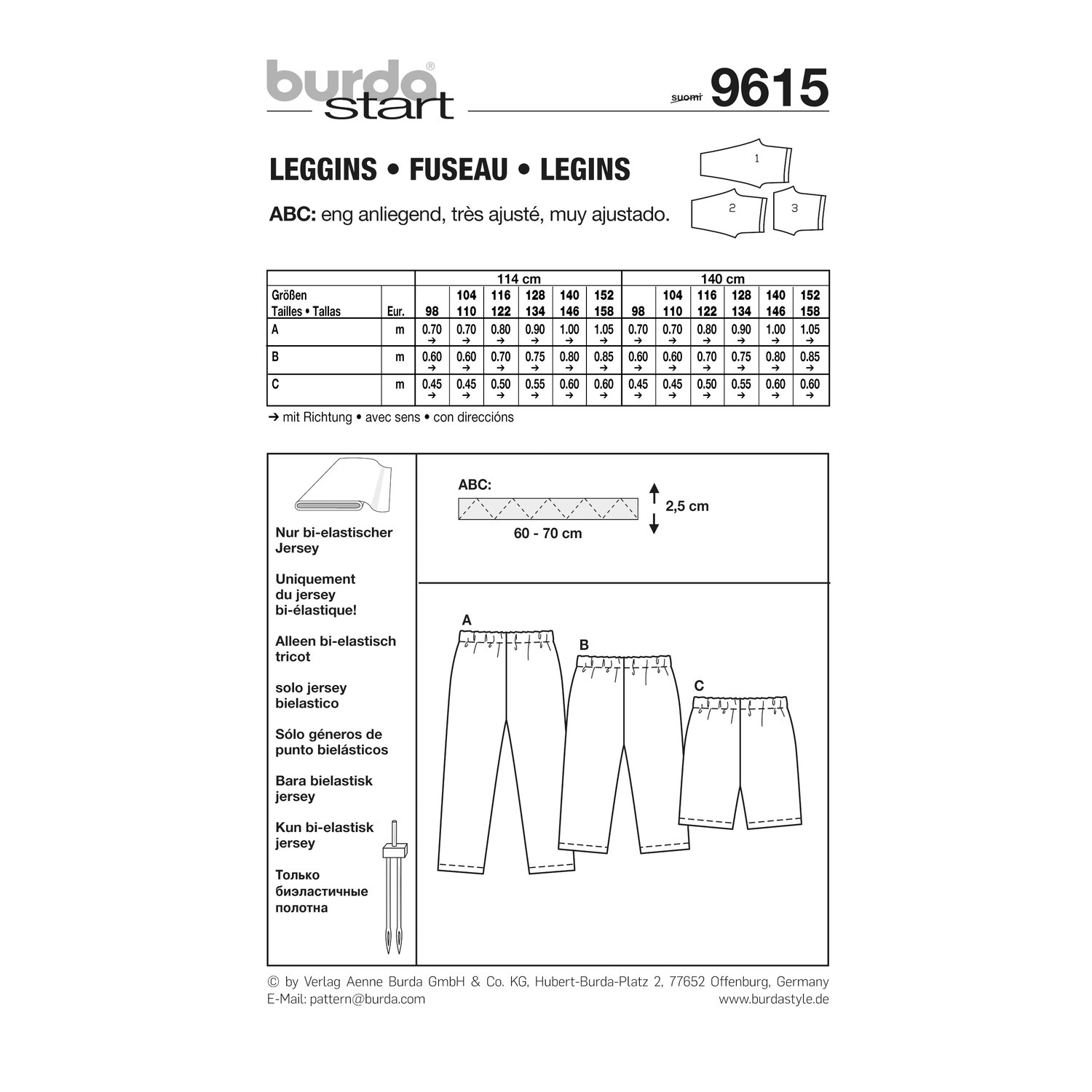 burda style Schnittmuster 9615: Leggings in drei Längen, Rückseite der Schnittmustertüte mit Stoffverbrauch