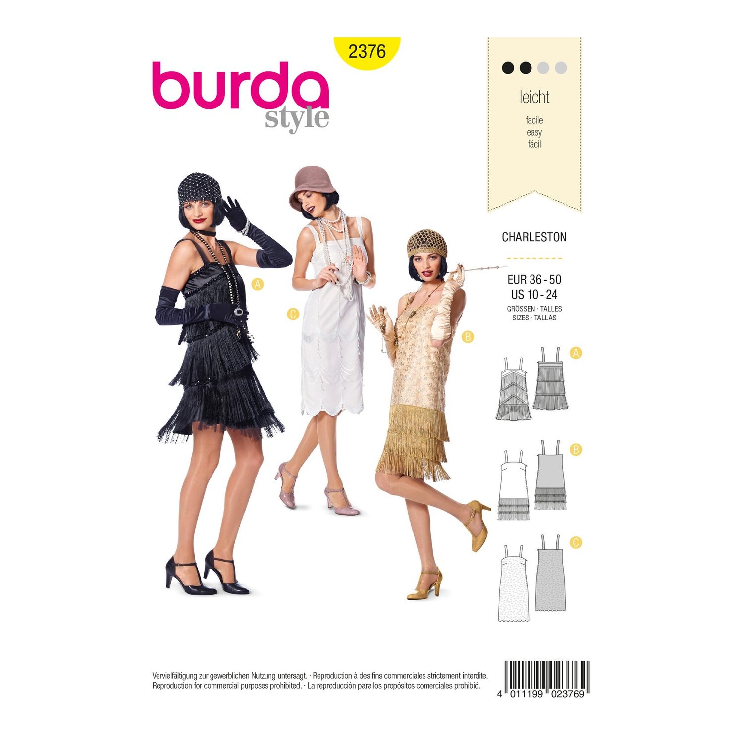 burda style Schnittmuster 2376: Trägerkleider im Charlestonstil, Vorderseite der Schnittmustertüte
