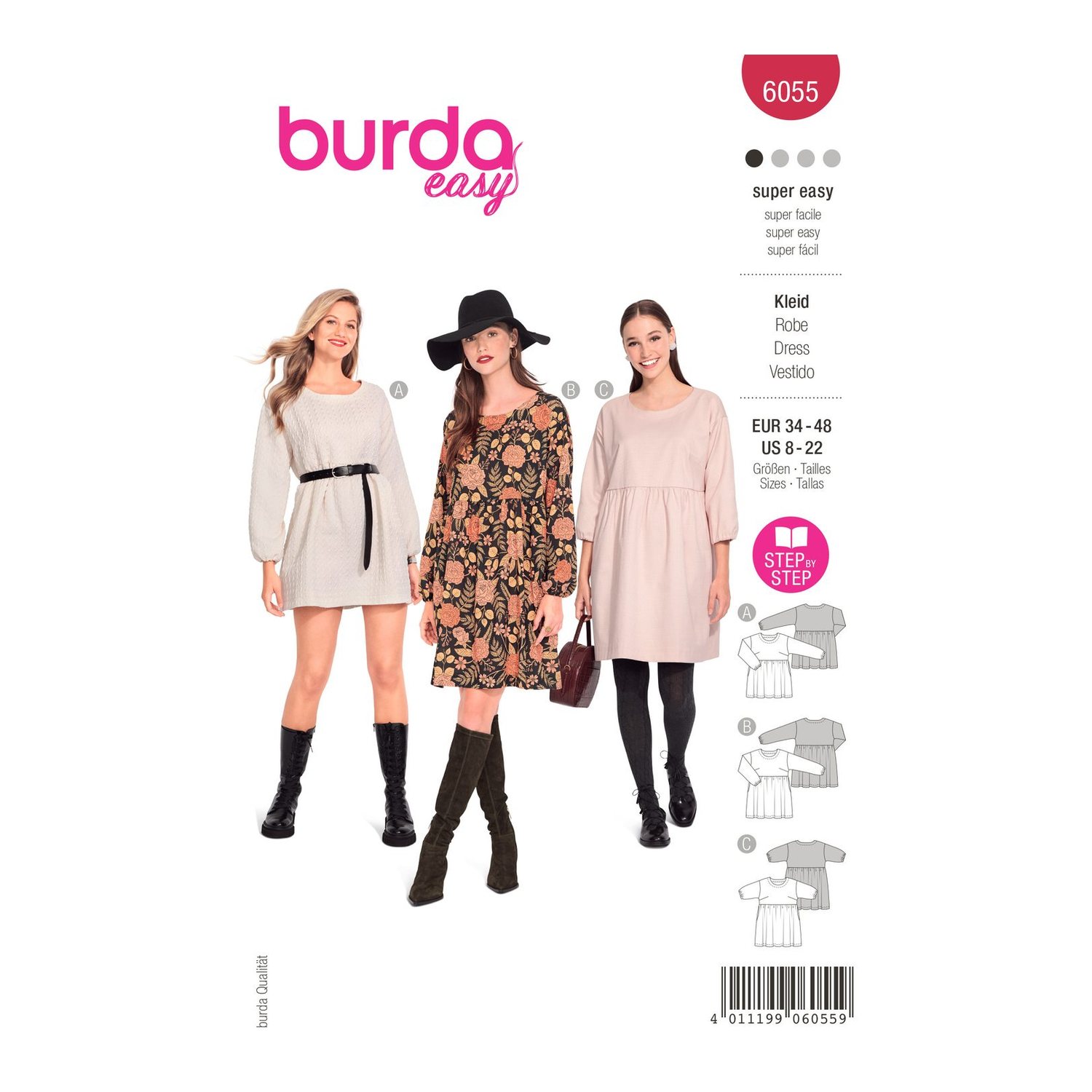 burda style Schnittmuster 6055: Hängerkleid mit eingereihtem Rock, Modellfoto 1