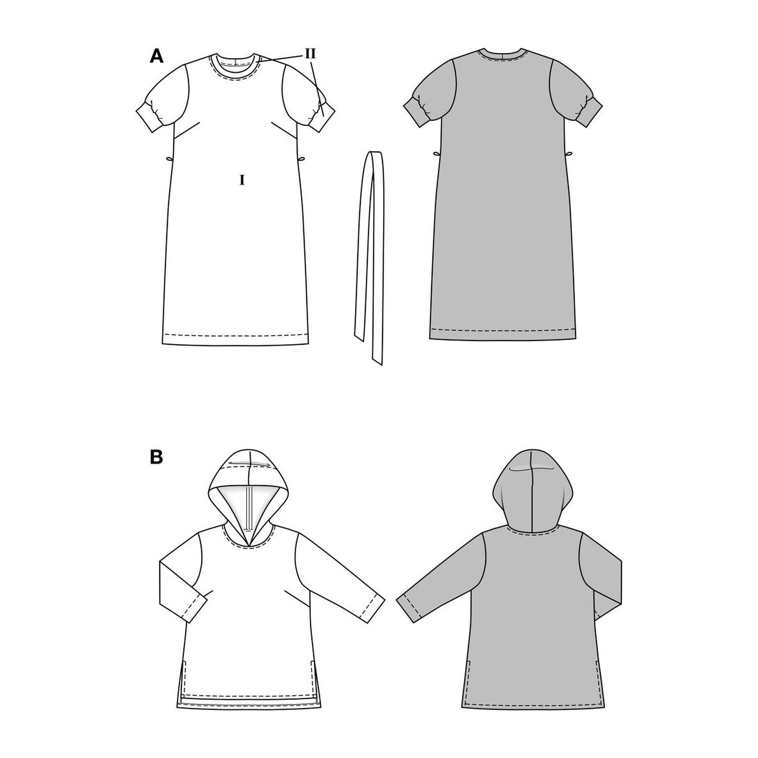 burda style Schnittmuster 5651: Hoodie und T-Shirt-Kleid, Technische Zeichnung