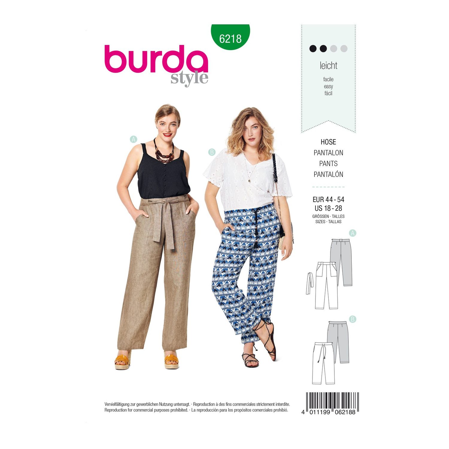 burda style Schnittmuster 6218: Luftige Hose mit Bindeband, Vorderseite der Schnittmustertüte