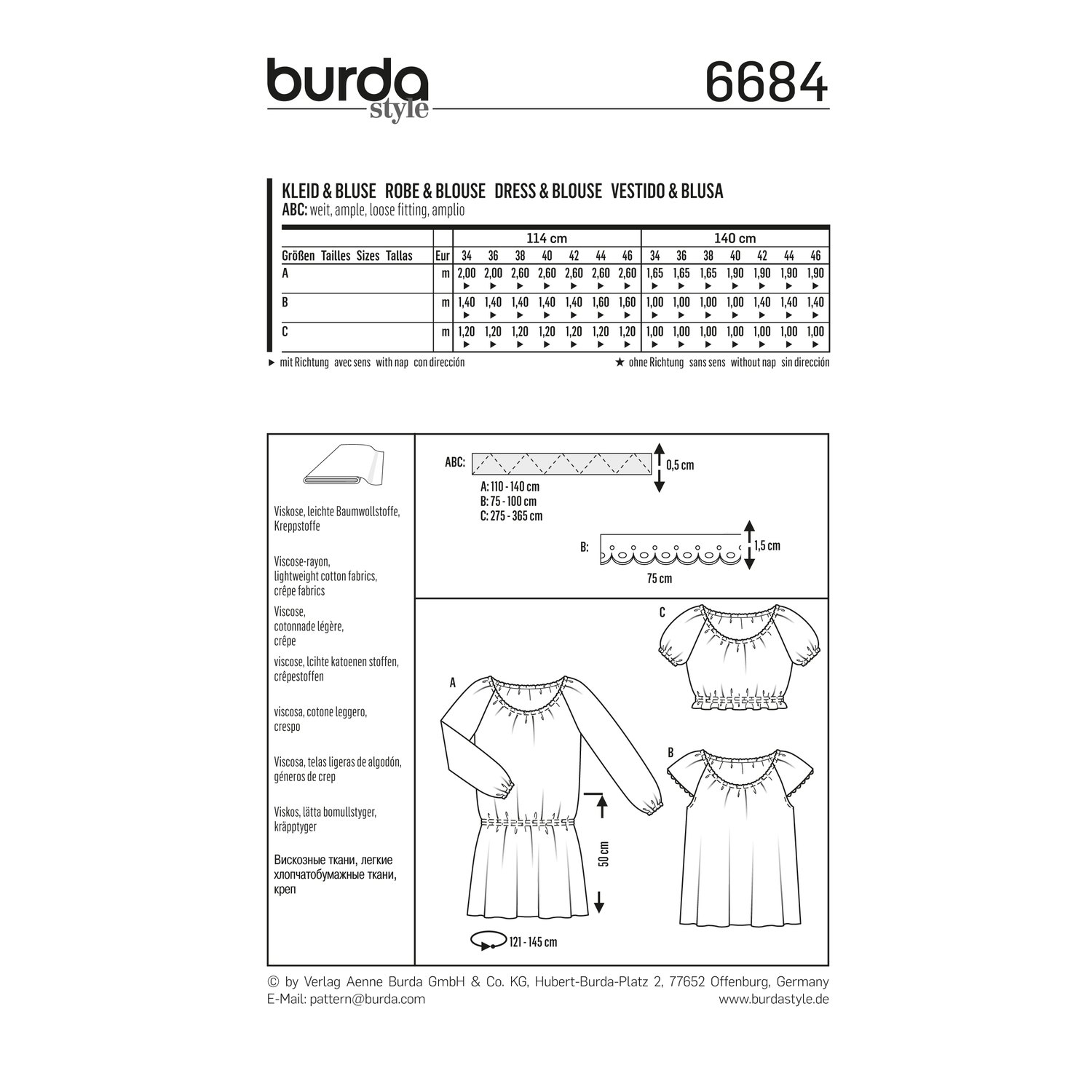 burda style Schnittmuster 6684: Kleid und Carmenbluse mit Raglanärmeln, Rückseite der Schnittmustertüte mit Stoffverbrauch