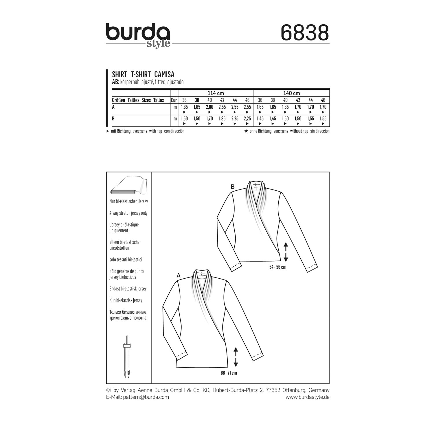 burda style Schnittmuster 6838: Shirt in Wickeloptik, Rückseite der Schnittmustertüte mit Stoffverbrauch