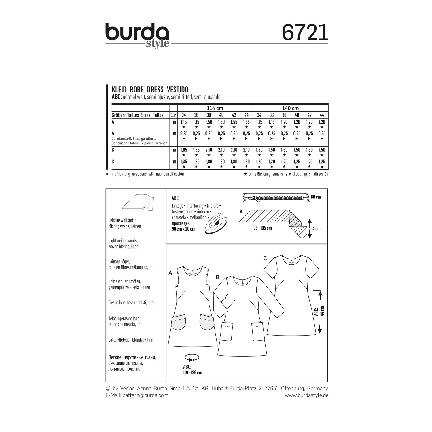 burda style Schnittmuster 6721: Unkompliziertes Kleid mit Ärmelvarianten, Rückseite der Schnittmustertüte mit Stoffverbrauch