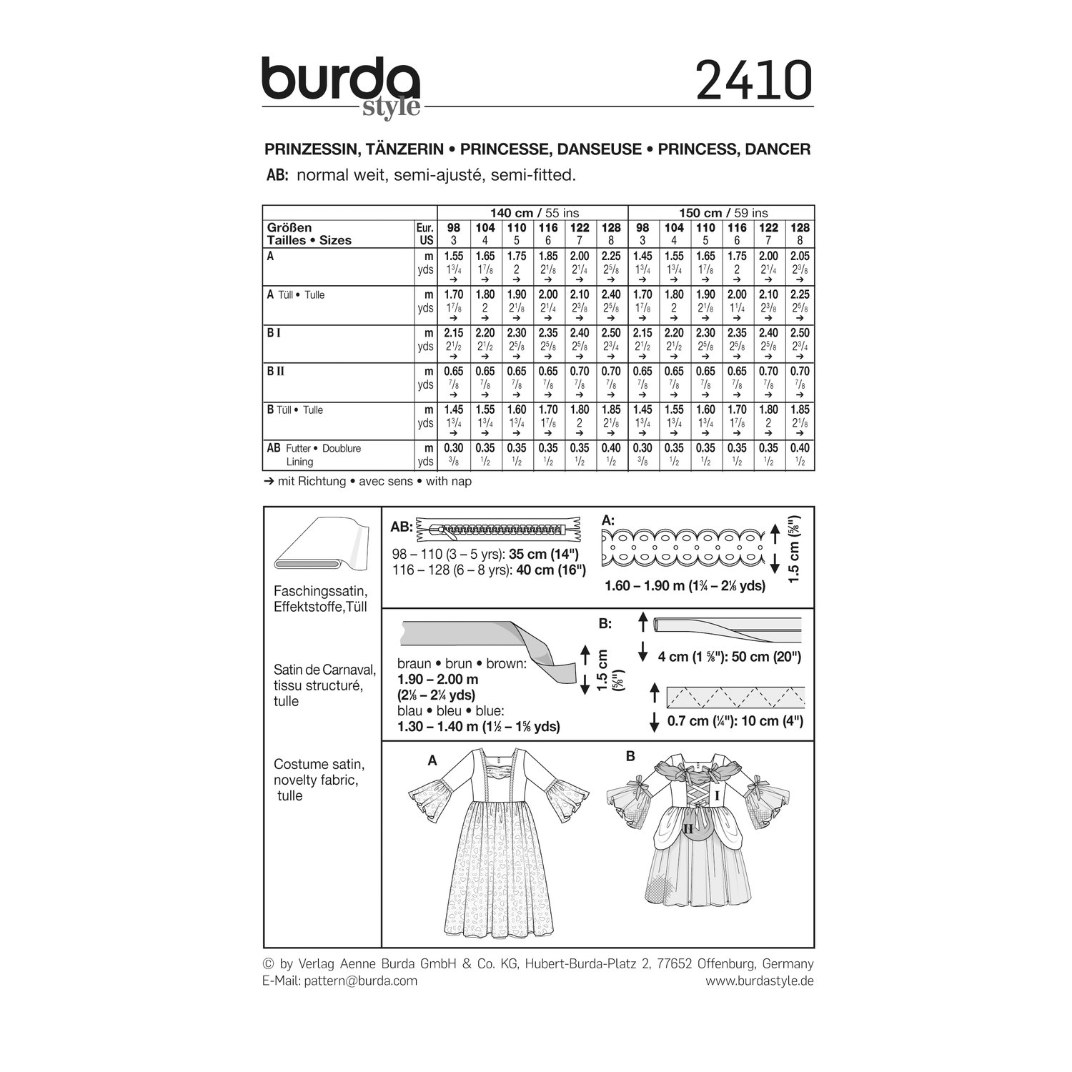 burda style Schnittmuster 2410: Kleider für Prinzessin und Tänzerin, Rückseite der Schnittmustertüte mit Stoffverbrauch