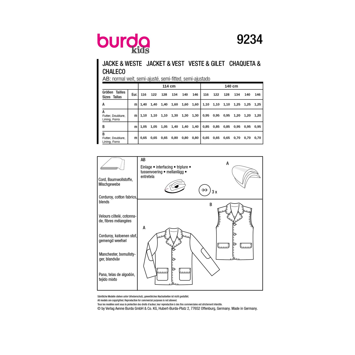 burda style Schnittmuster 9234: Reversjacke und Weste für Jungen, Rückseite der Schnittmustertüte mit Stoffverbrauch