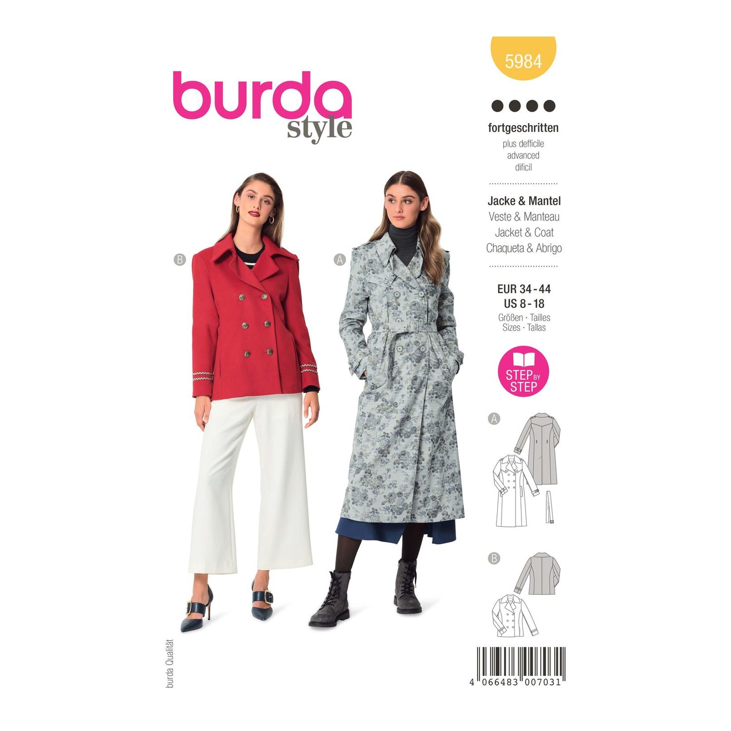 burda style Schnittmuster 5984: Kaban-Jacke und Trenchcoat, Modellfoto 1