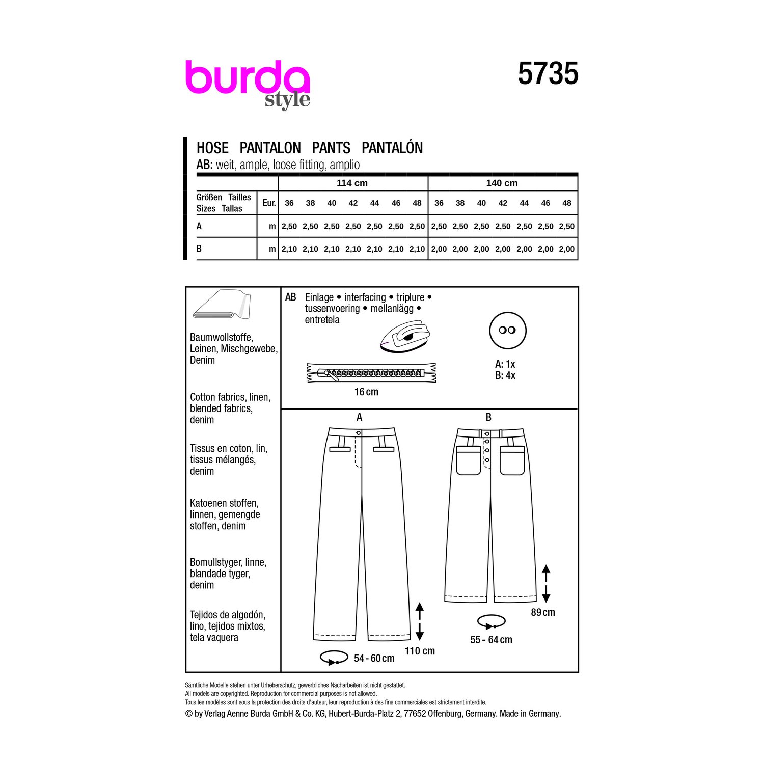 burda style Schnittmuster 5735: Leinenhose und 7/8-Jeans, Rückseite der Schnittmustertüte mit Stoffverbrauch