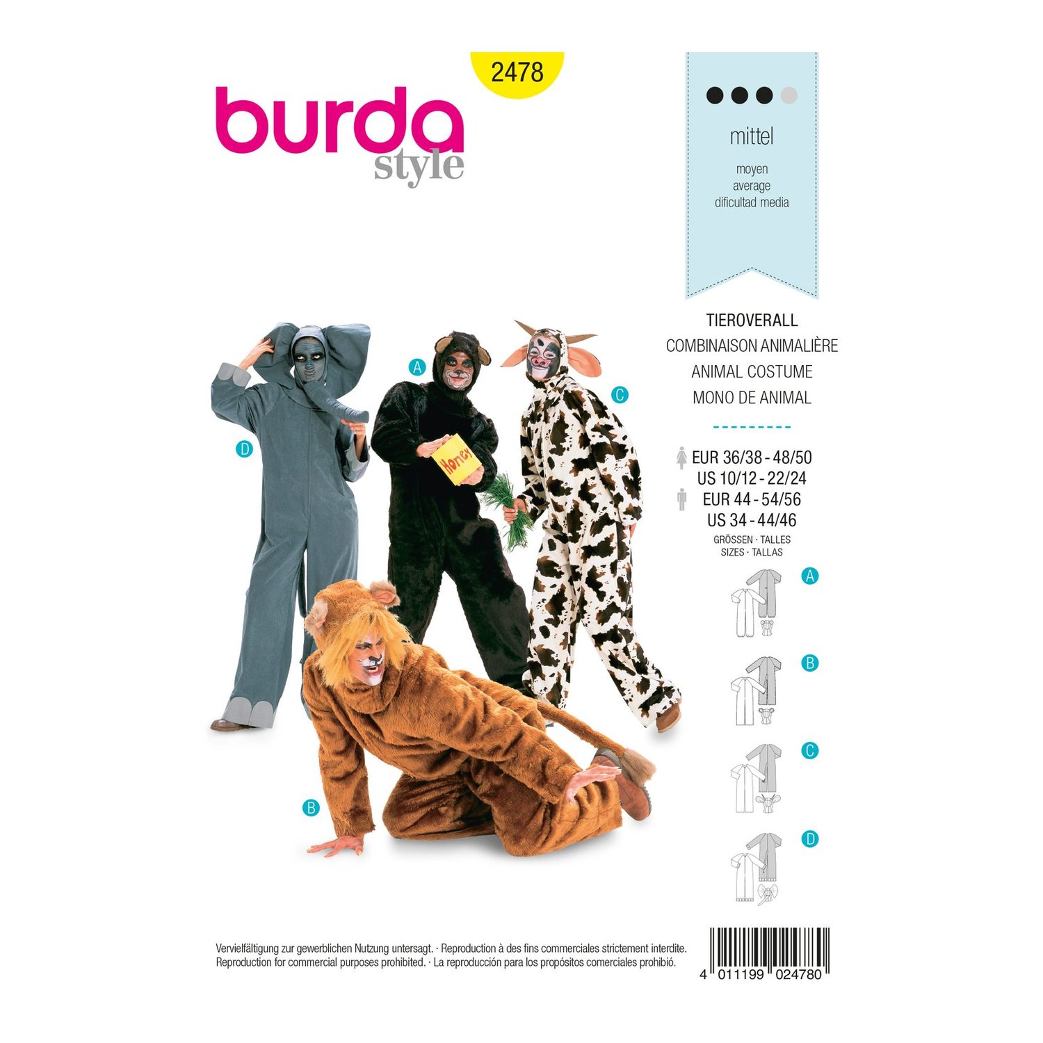 burda style Schnittmuster 2478: Tieroveralls mit separater Kapuze, Vorderseite der Schnittmustertüte