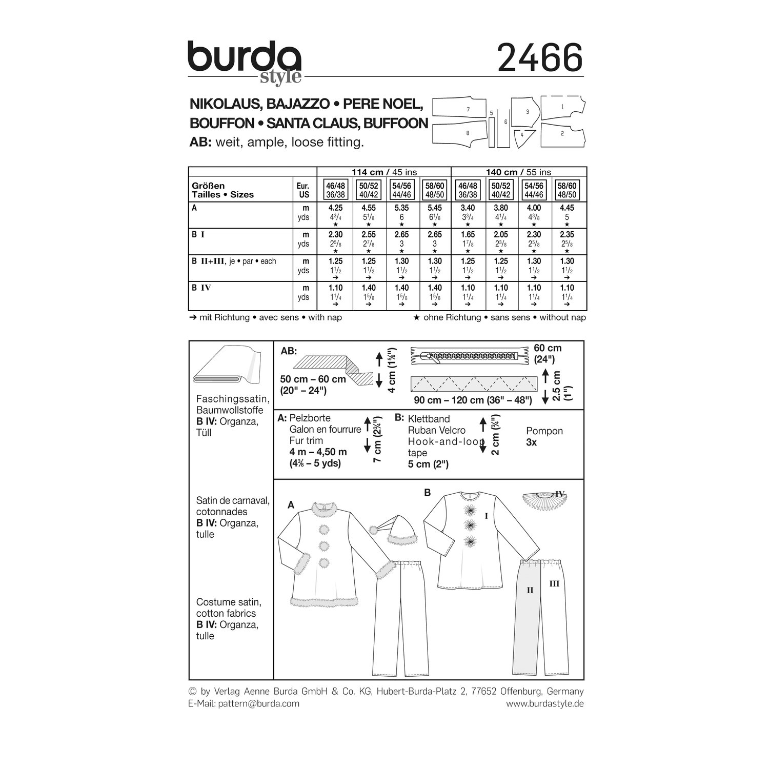 burda style Schnittmuster 2466: Kostüme Nikolaus und Bajazzo, Rückseite der Schnittmustertüte mit Stoffverbrauch