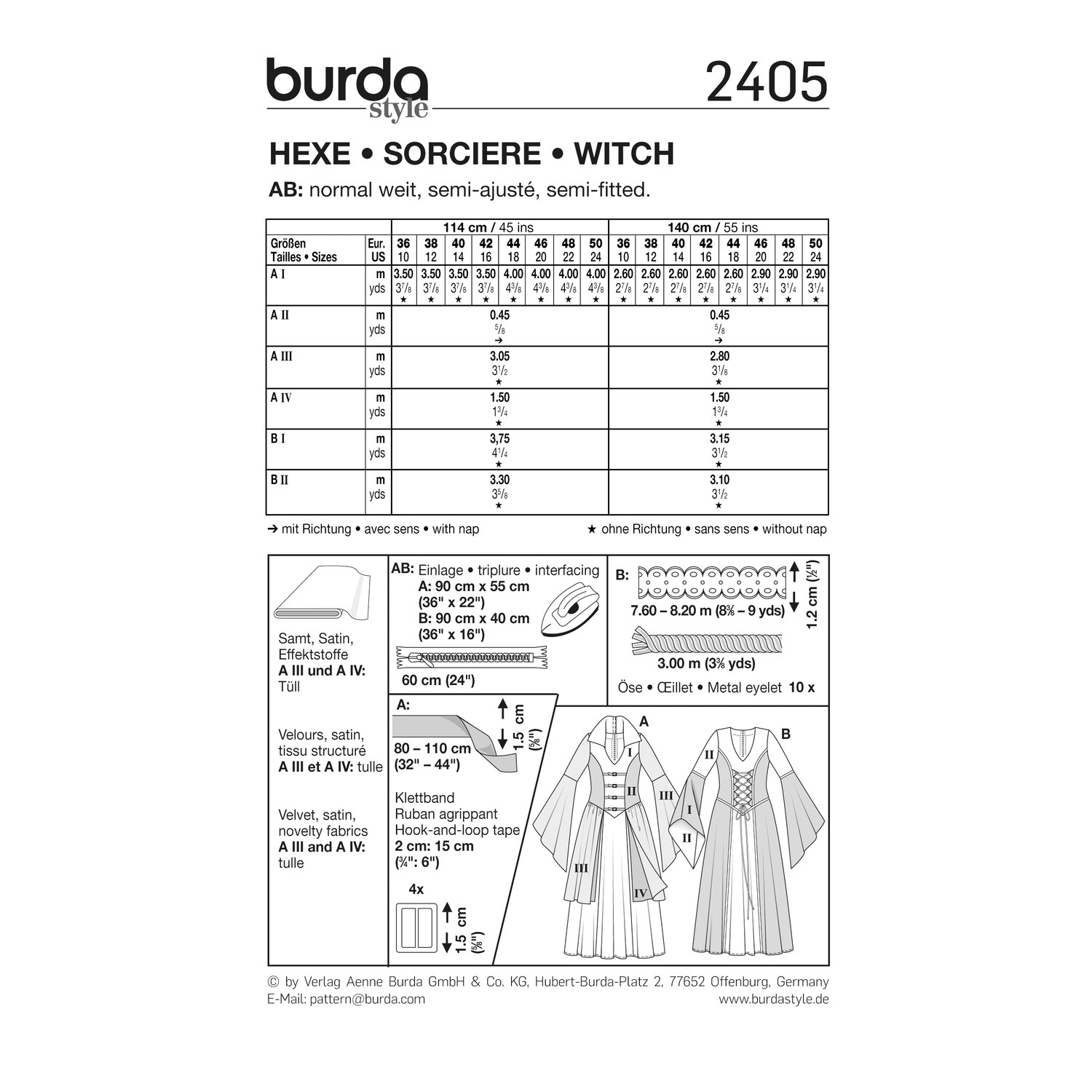 burda style Schnittmuster 2405: Kleider für Hexe und Wahrsagerin, Rückseite der Schnittmustertüte mit Stoffverbrauch