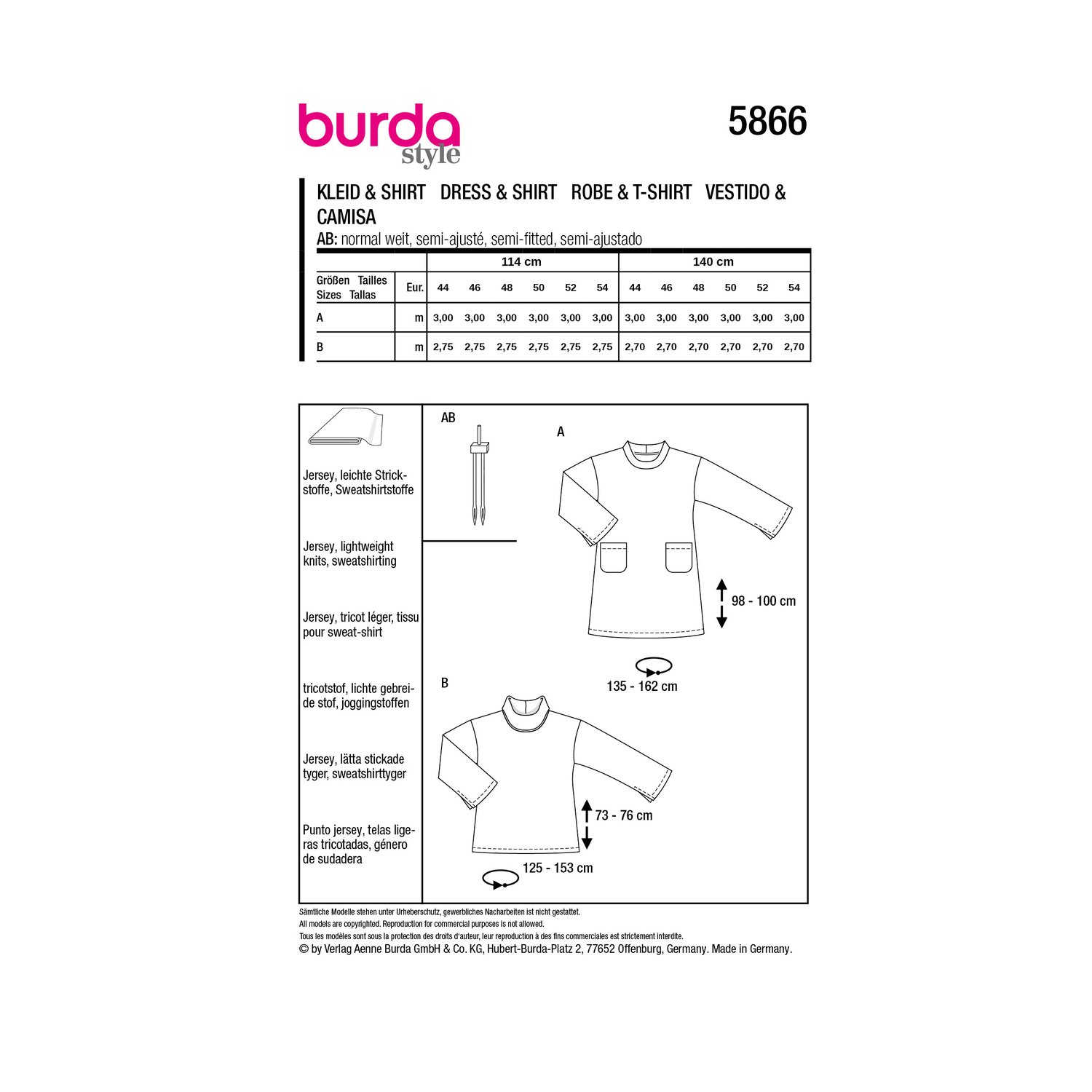 burda style Schnittmuster 5866: Kleid und Shirt mit Trompetenärmeln, Rückseite der Schnittmustertüte mit Stoffverbrauch