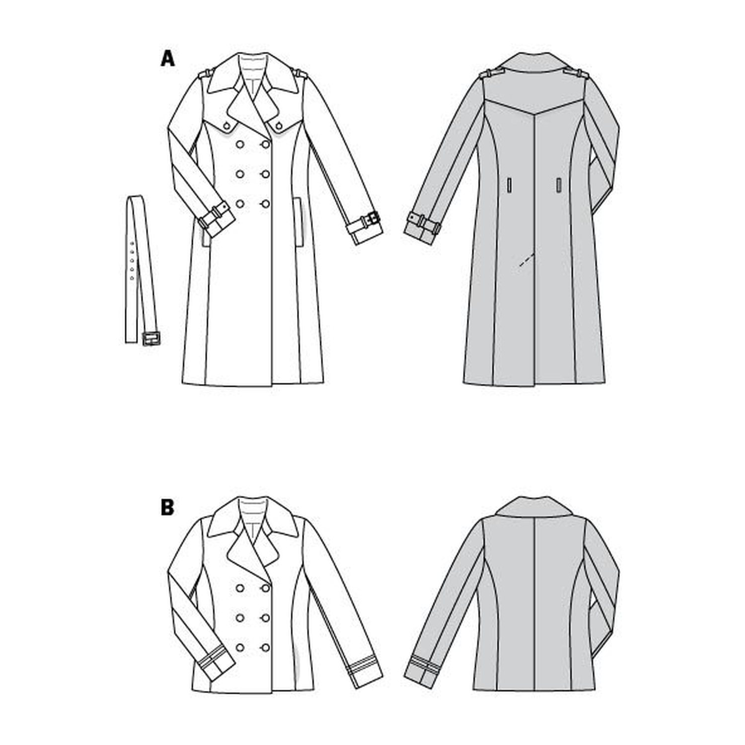 burda style Schnittmuster 5984: Kaban-Jacke und Trenchcoat, Technische Zeichnung