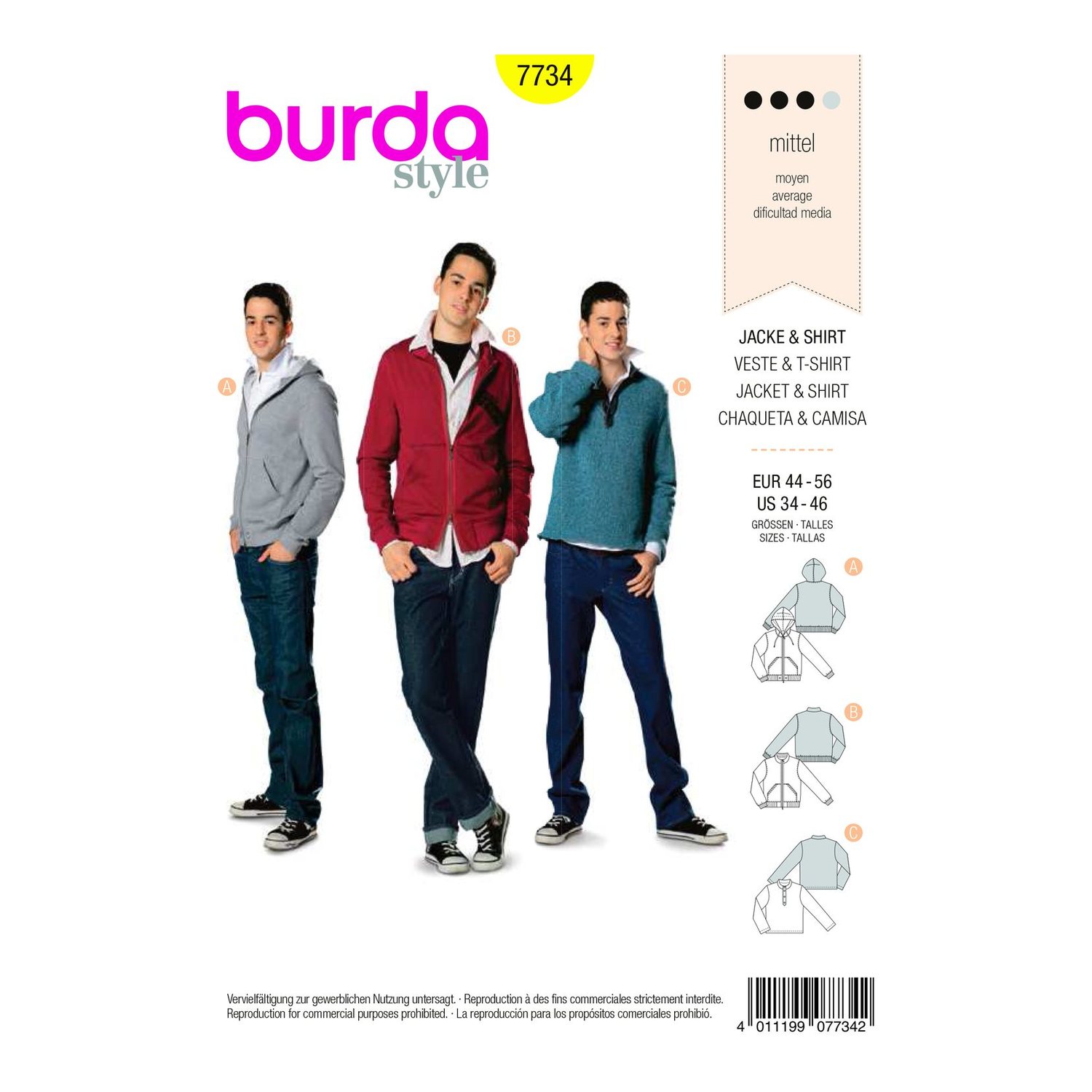 burda style Schnittmuster 7734: Herren-Sweatjacke und Poloshirt, Vorderseite der Schnittmustertüte