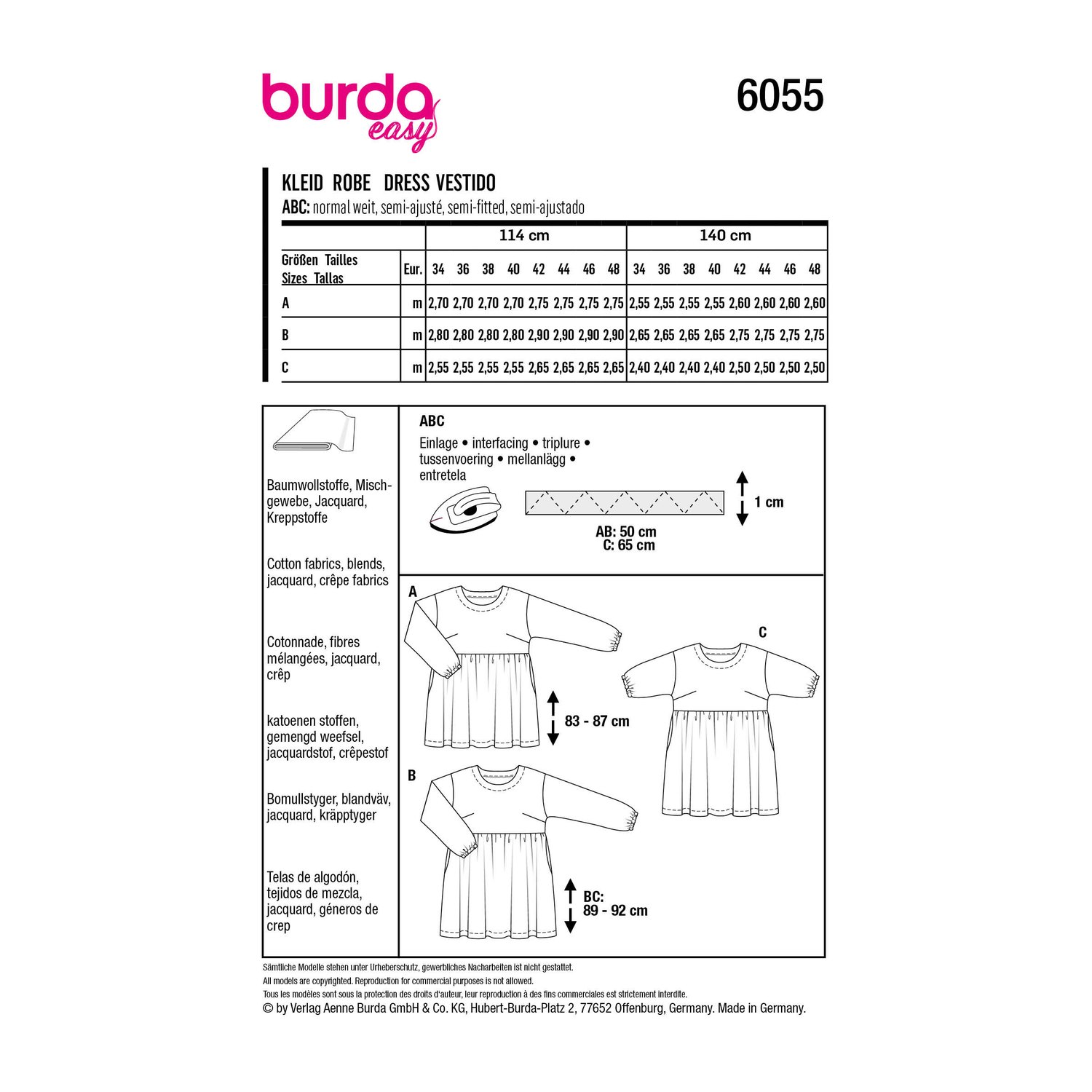 burda style Schnittmuster 6055: Hängerkleid mit eingereihtem Rock, Rückseite der Schnittmustertüte mit Stoffverbrauch