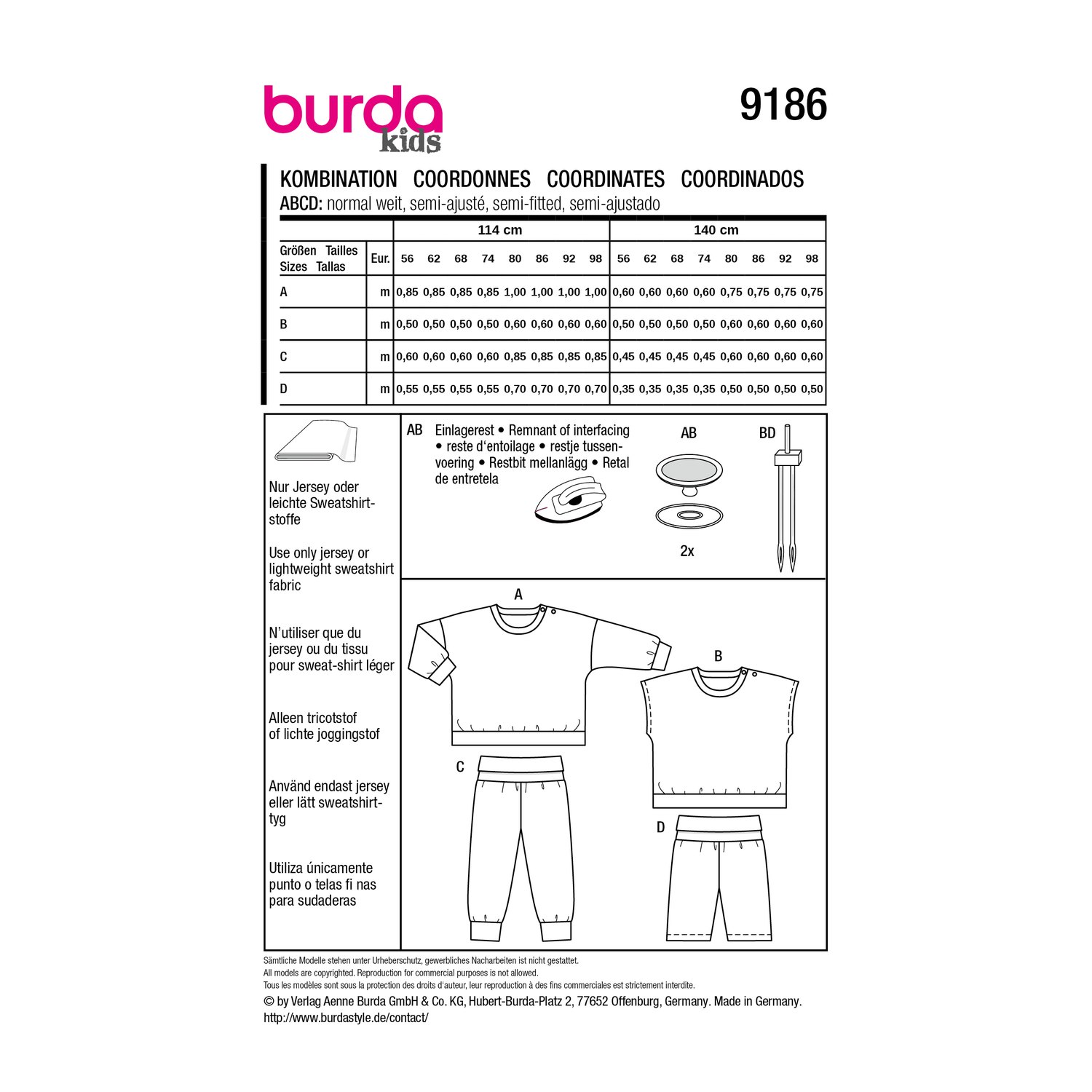 burda style Schnittmuster 9186: Babysweatshirts und Jerseyhosen, Rückseite der Schnittmustertüte mit Stoffverbrauch
