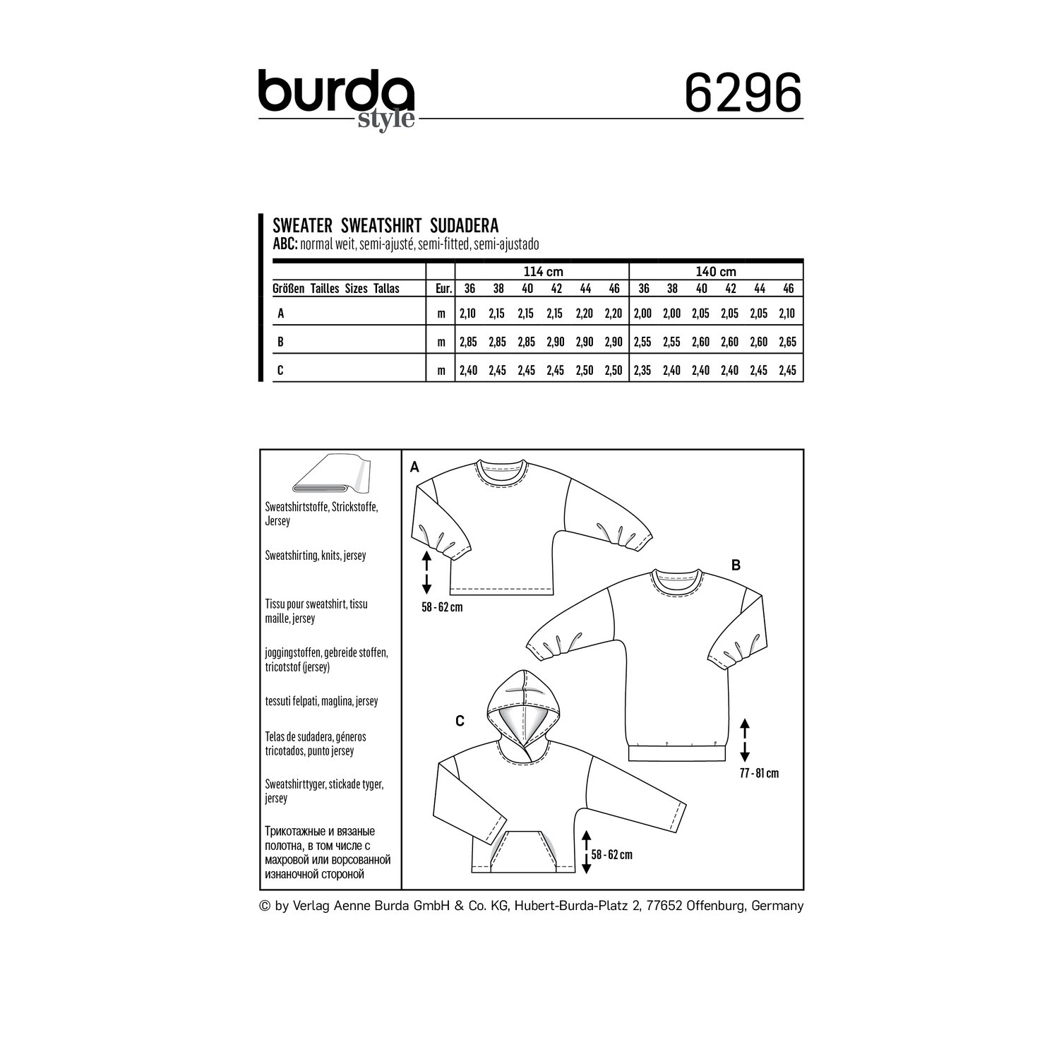 burda style Schnittmuster 6296: Sweatshirt und Hoodie, Rückseite der Schnittmustertüte mit Stoffverbrauch