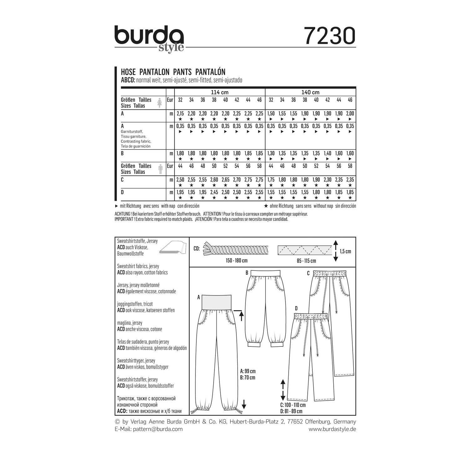burda style Schnittmuster 7230: Einfache Damenhose, Rückseite der Schnittmustertüte mit Stoffverbrauch