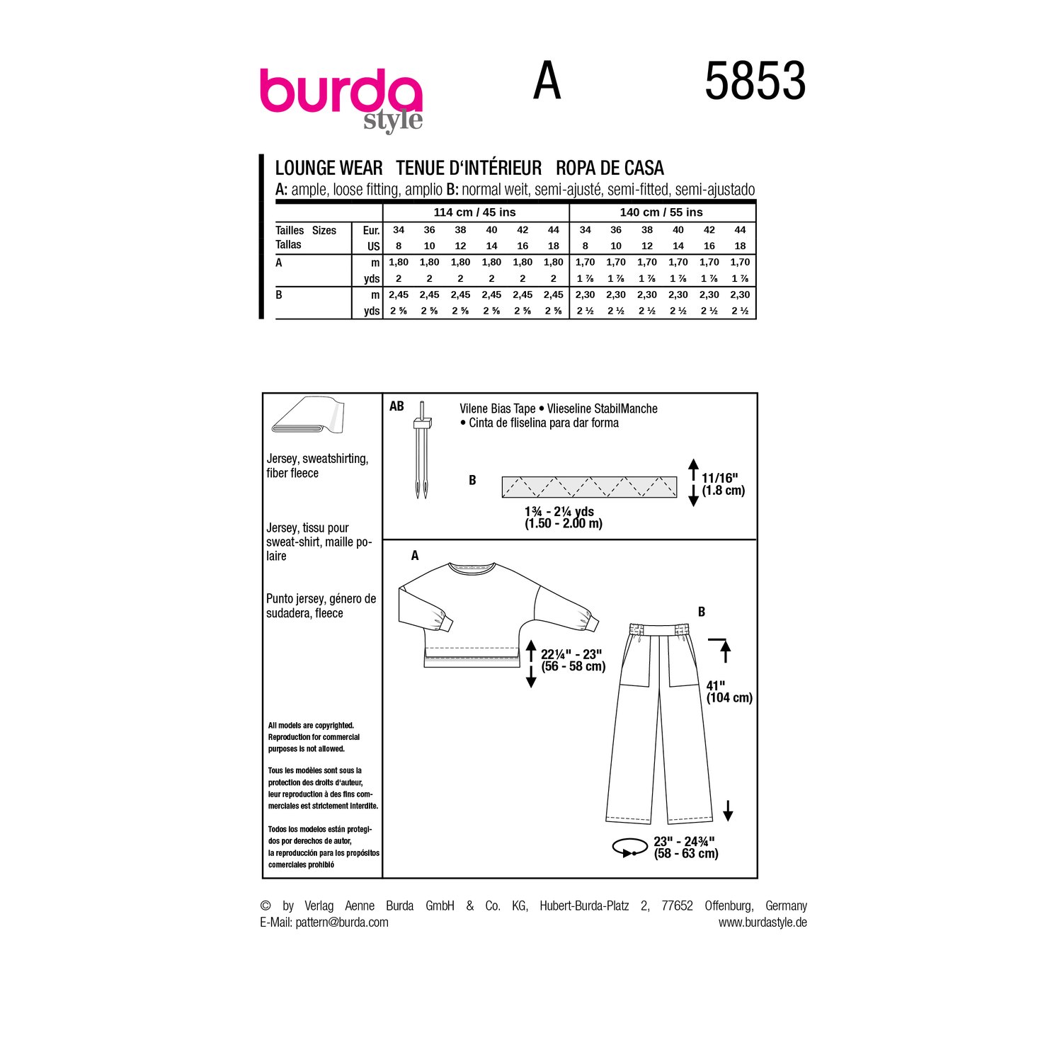 burda style Schnittmuster 5853: Oversized Shirt und Joggpants, Rückseite der Schnittmustertüte mit Stoffverbrauch