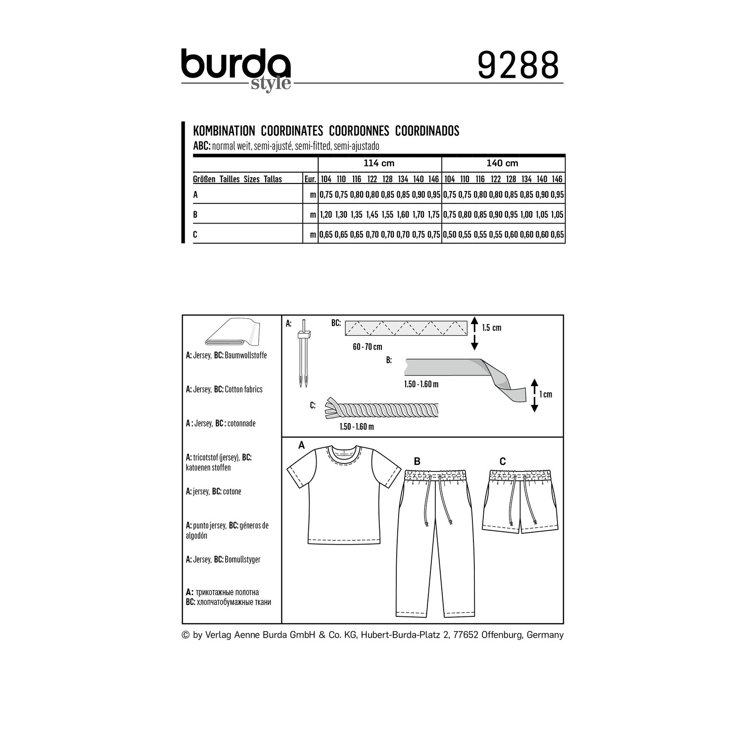 burda style Schnittmuster 9288: Shirt, Hose und Shorts, Rückseite der Schnittmustertüte mit Stoffverbrauch