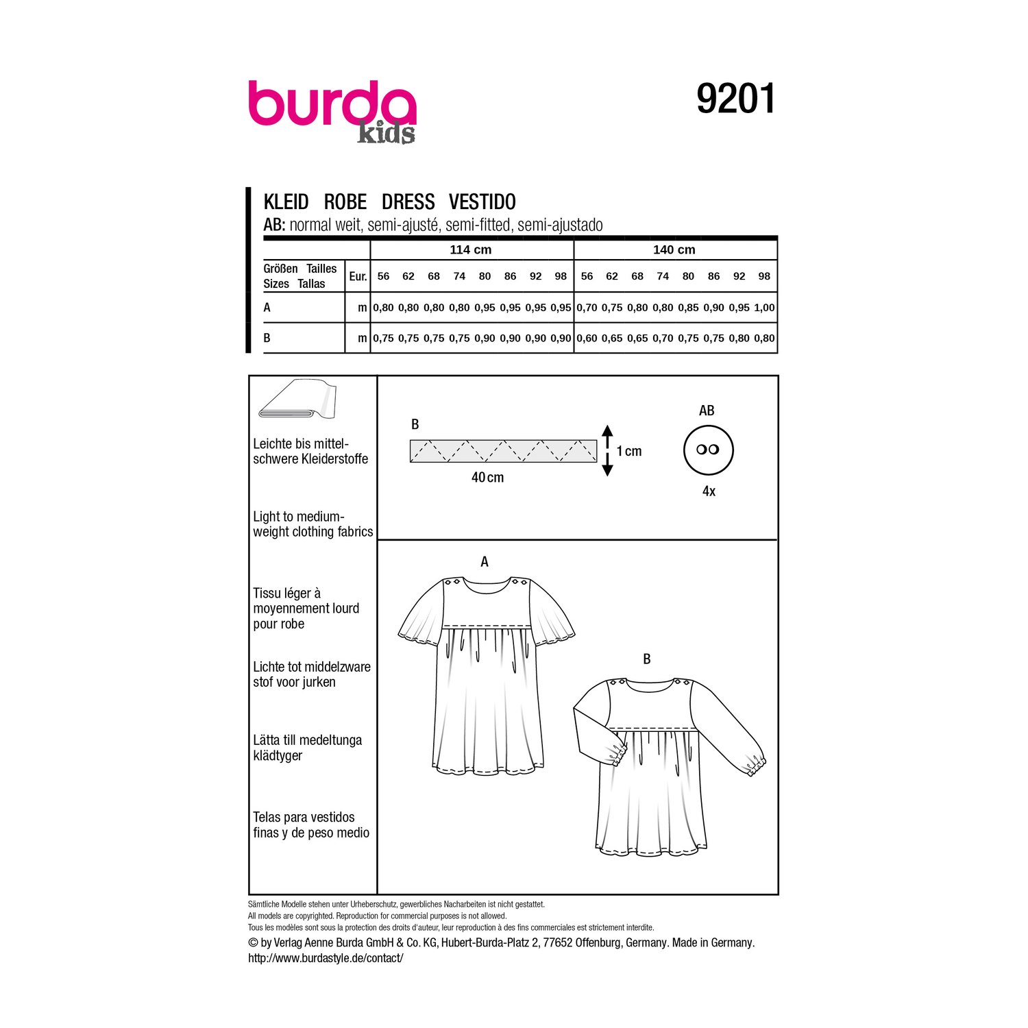 burda style Schnittmuster 9201: Babykleid und Shirt, Rückseite der Schnittmustertüte mit Stoffverbrauch