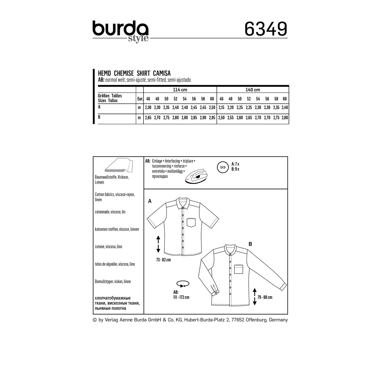 burda style Schnittmuster 6349: Herrenhemd mit Kragen oder Stehkragen, Rückseite der Schnittmustertüte mit Stoffverbrauch