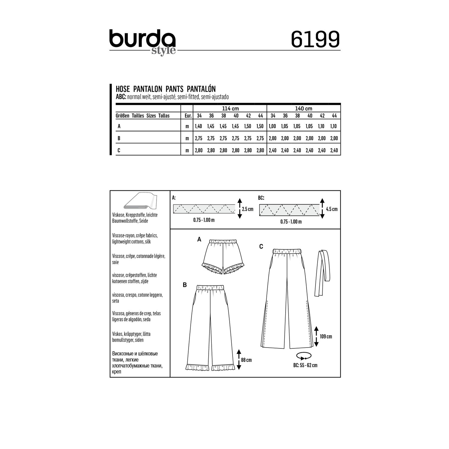 burda style Schnittmuster 6199: Shorts und Hosen mit Gummizug, Rückseite der Schnittmustertüte mit Stoffverbrauch