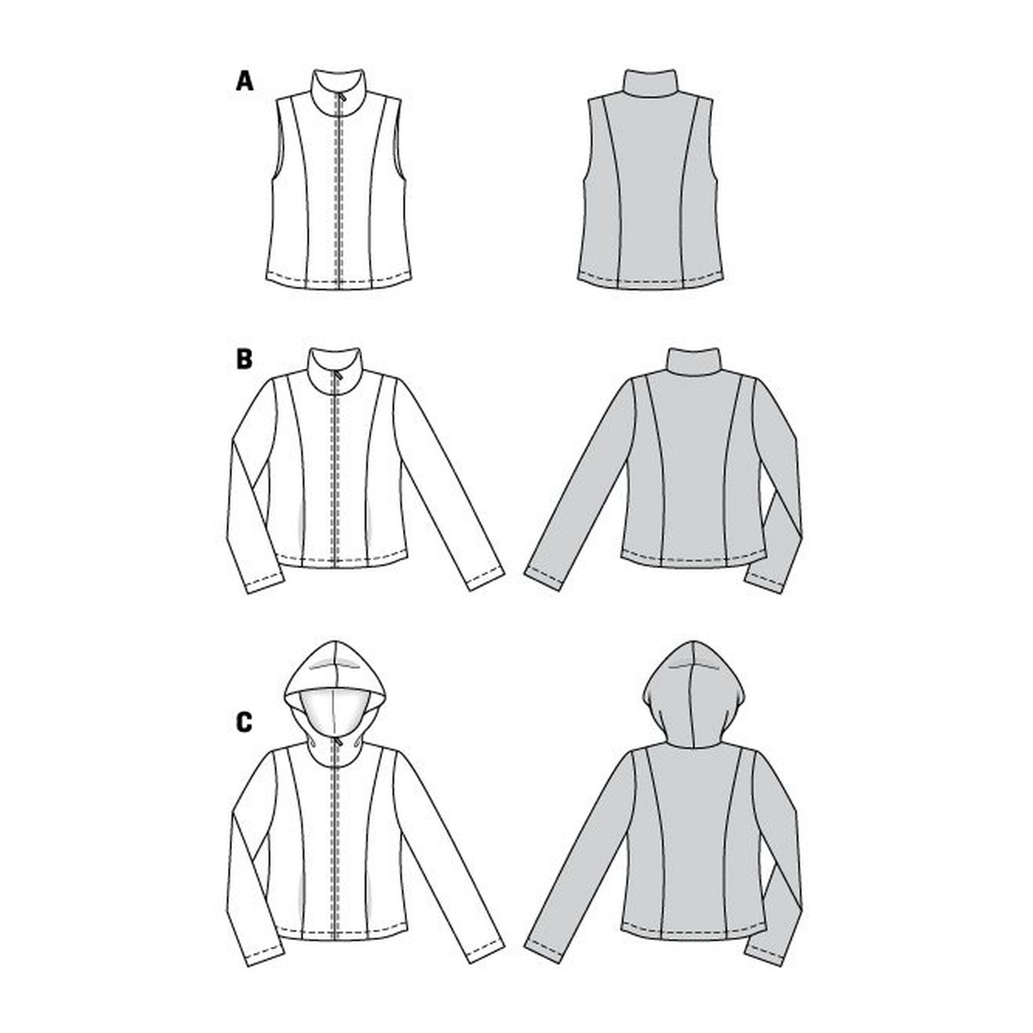 burda style Schnittmuster 6114: Weste und Jacke mit Reißverschluss, Technische Zeichnung