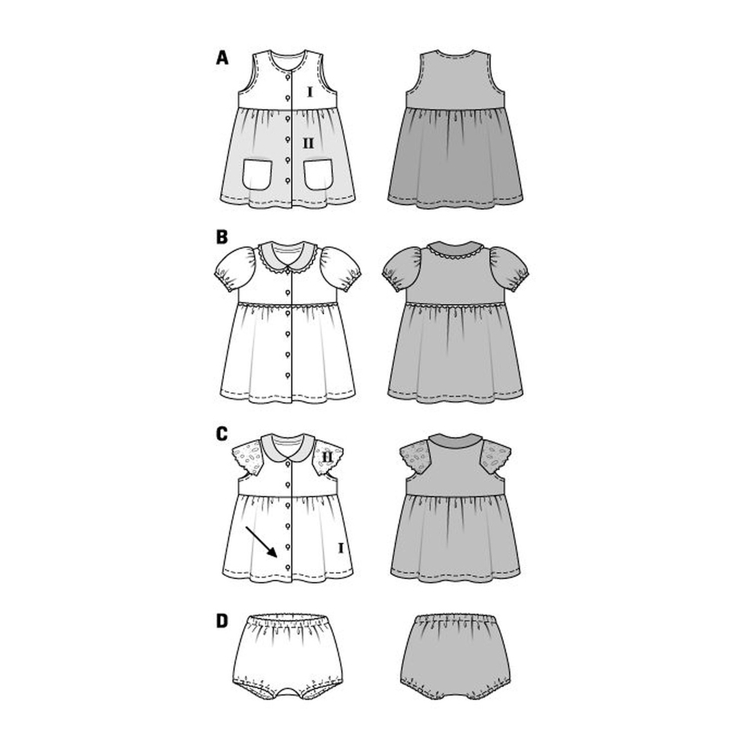 burda style Schnittmuster 9357: Sommerkleid und Babyhöschen, Technische Zeichnung