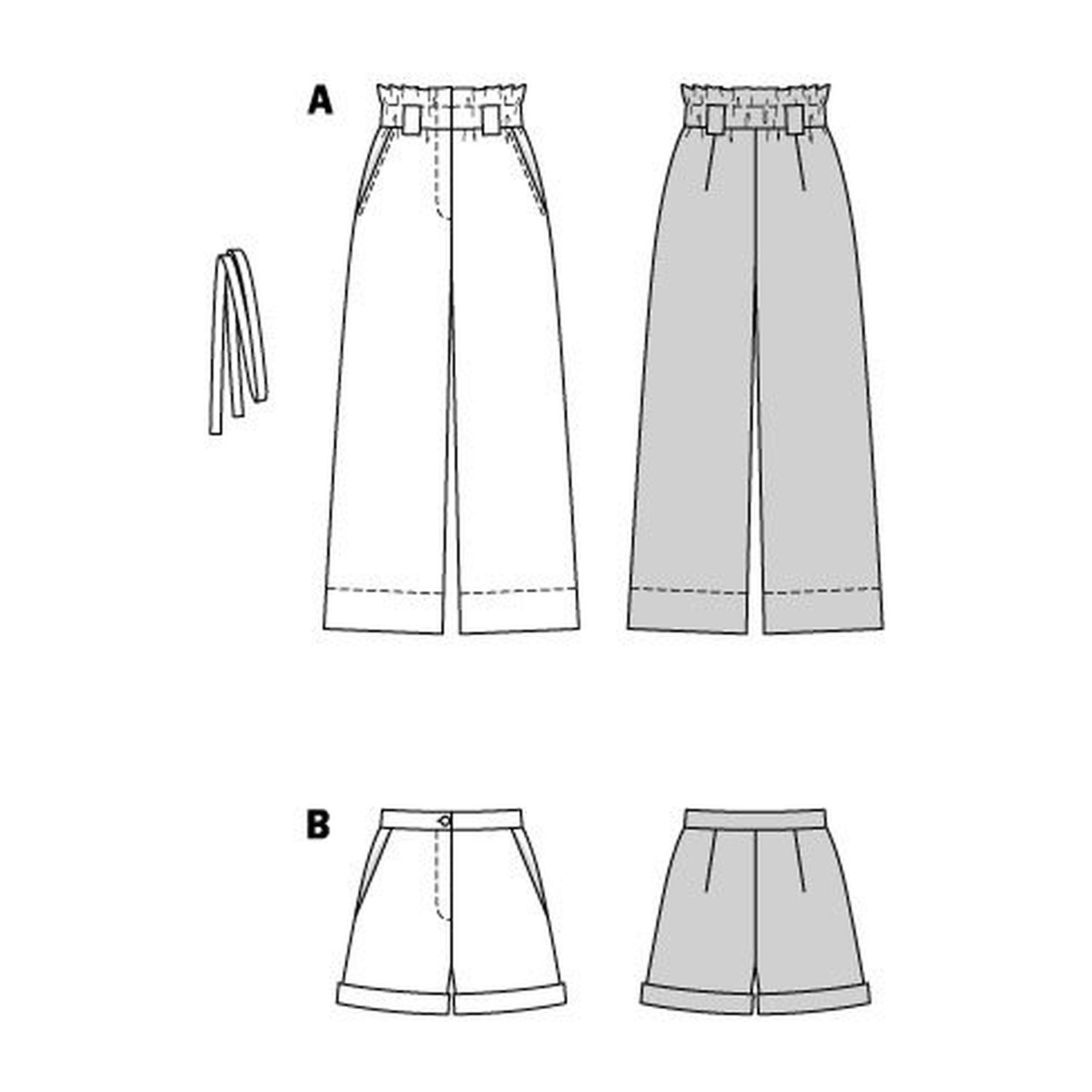burda style Schnittmuster 5912: Paperbag-Hose und Shorts, Technische Zeichnung