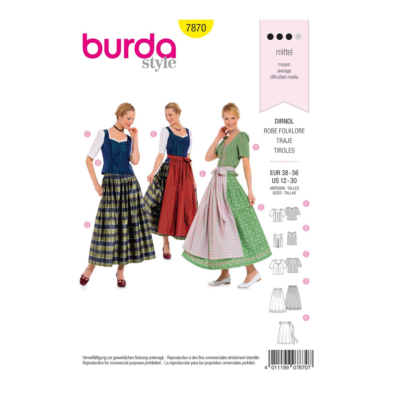 burda style Schnittmuster 7870: Dirndl mit Mieder und Bluse, Vorderseite der Schnittmustertüte