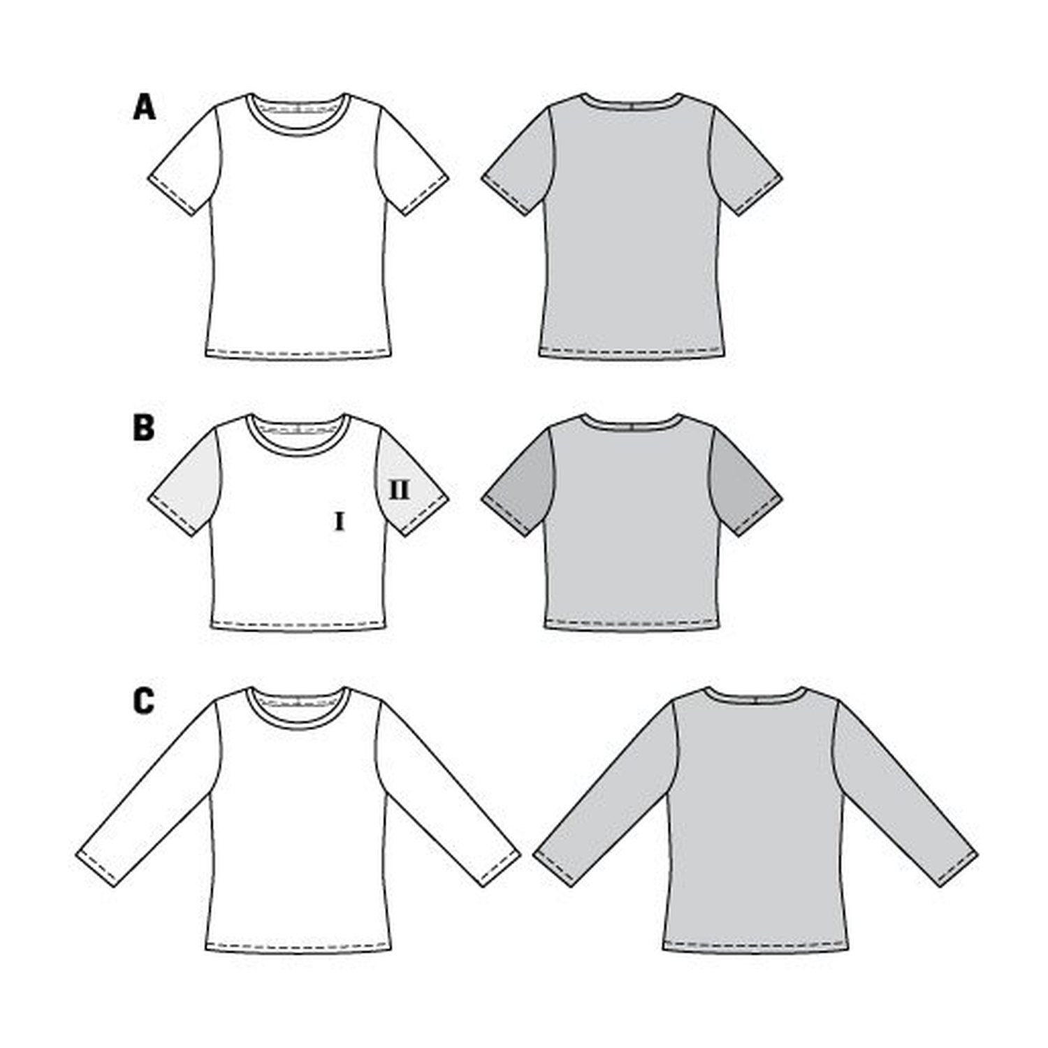 burda style Schnittmuster 6010: Basic-Shirt mit Rundhalsausschnitt, Technische Zeichnung