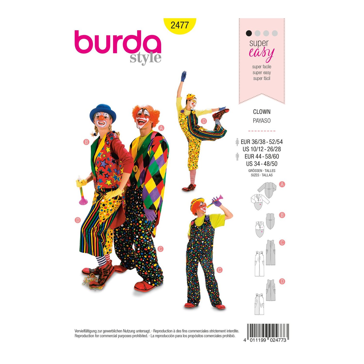 burda style Schnittmuster 2477: Clownskostüm mit Latzhose, Vorderseite der Schnittmustertüte