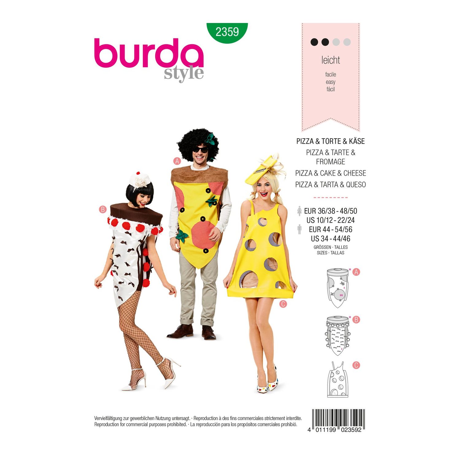 burda style Schnittmuster 2359: Kostüme Pizza, Kuchen und Käse, Vorderseite der Schnittmustertüte