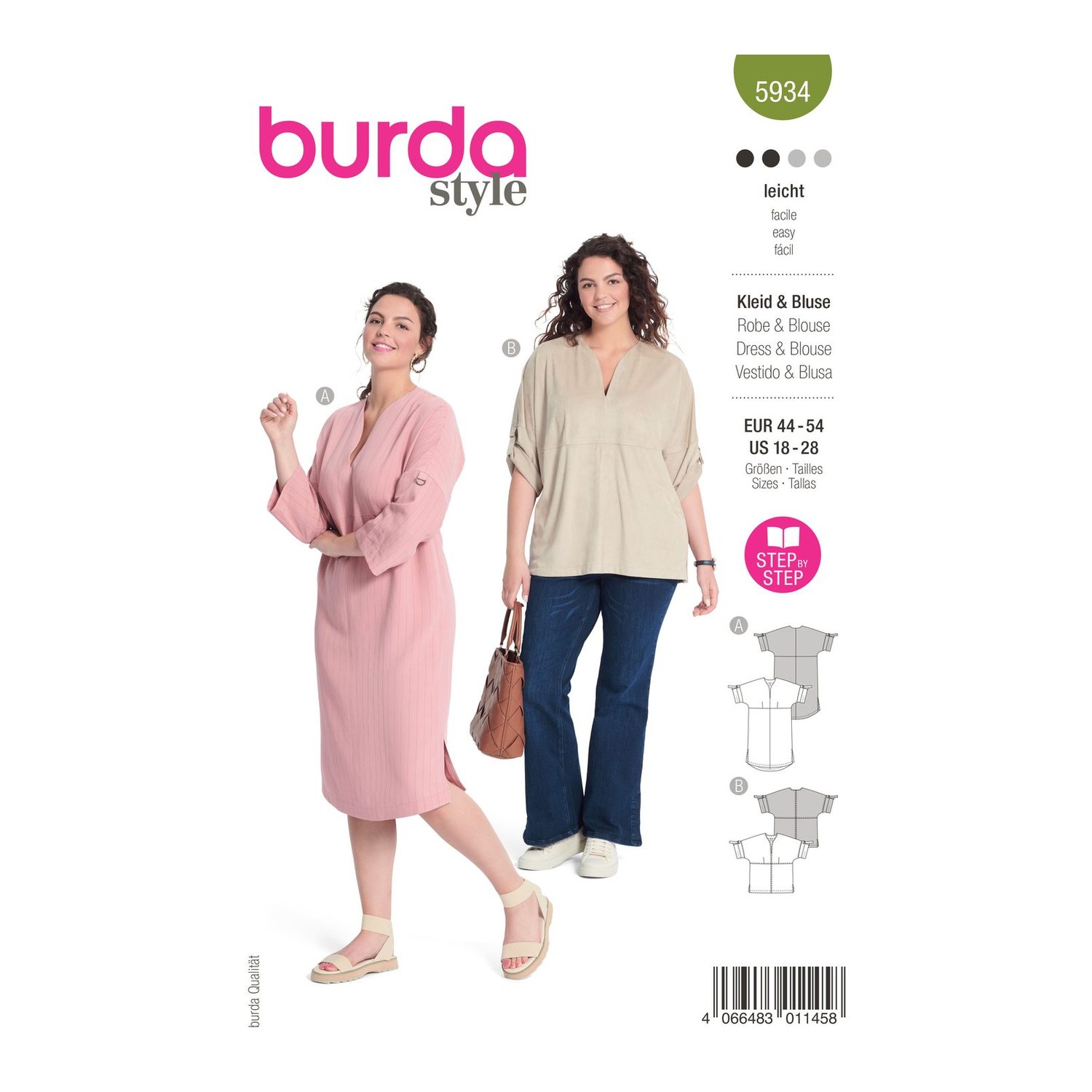 burda style Schnittmuster 5934: Kleid und Bluse mit Krempelärmeln, Modellfoto 1