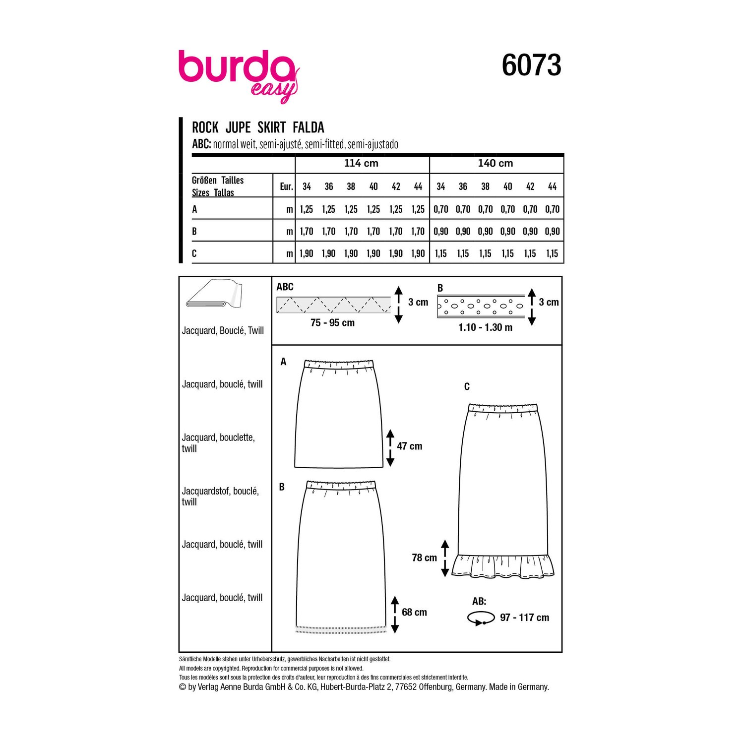 burda style Schnittmuster 6073: Schmaler Rock mit Gummibund, Rückseite der Schnittmustertüte mit Stoffverbrauch