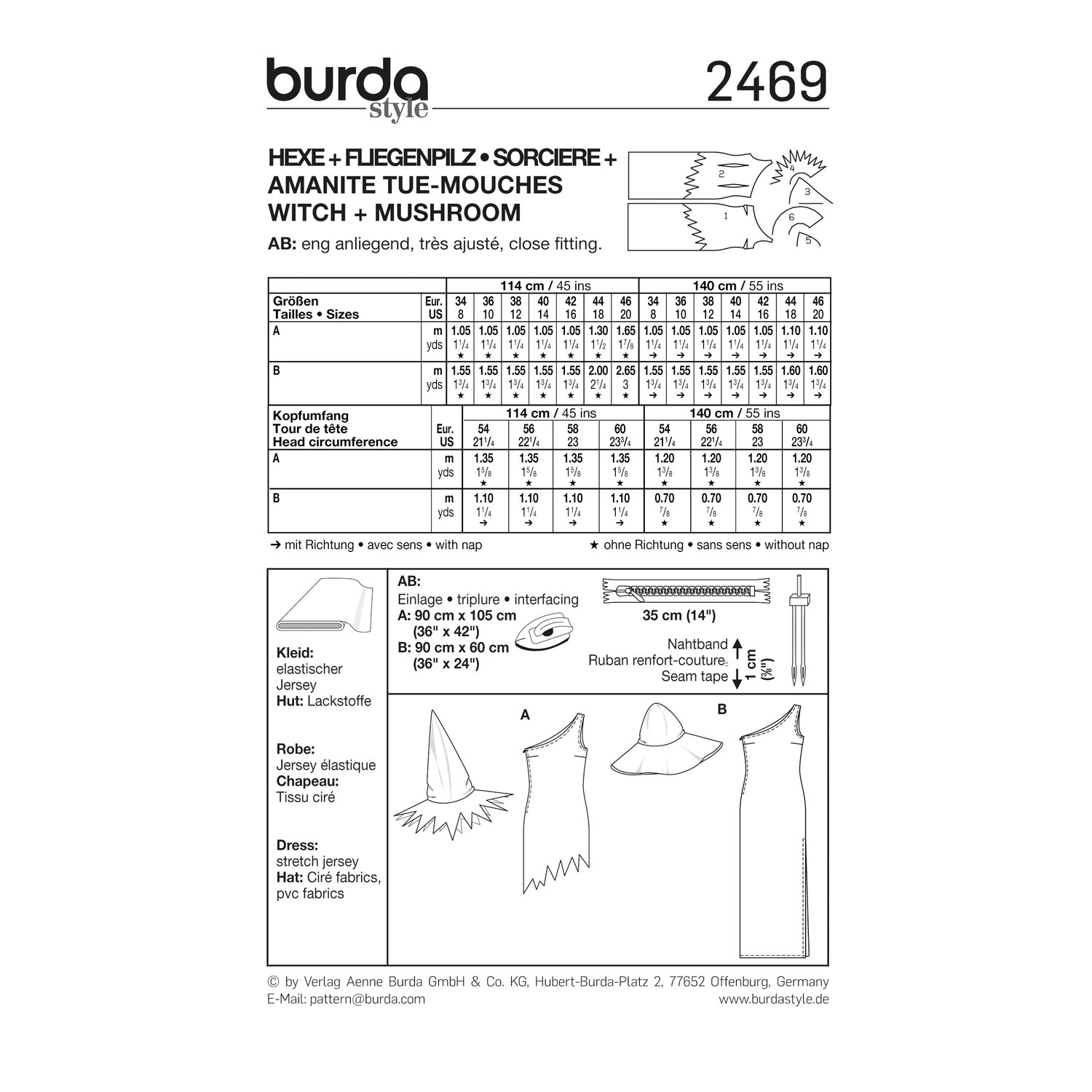 burda style Schnittmuster 2469: Jerseykleider Hexe und Fliegenpilz, Rückseite der Schnittmustertüte mit Stoffverbrauch