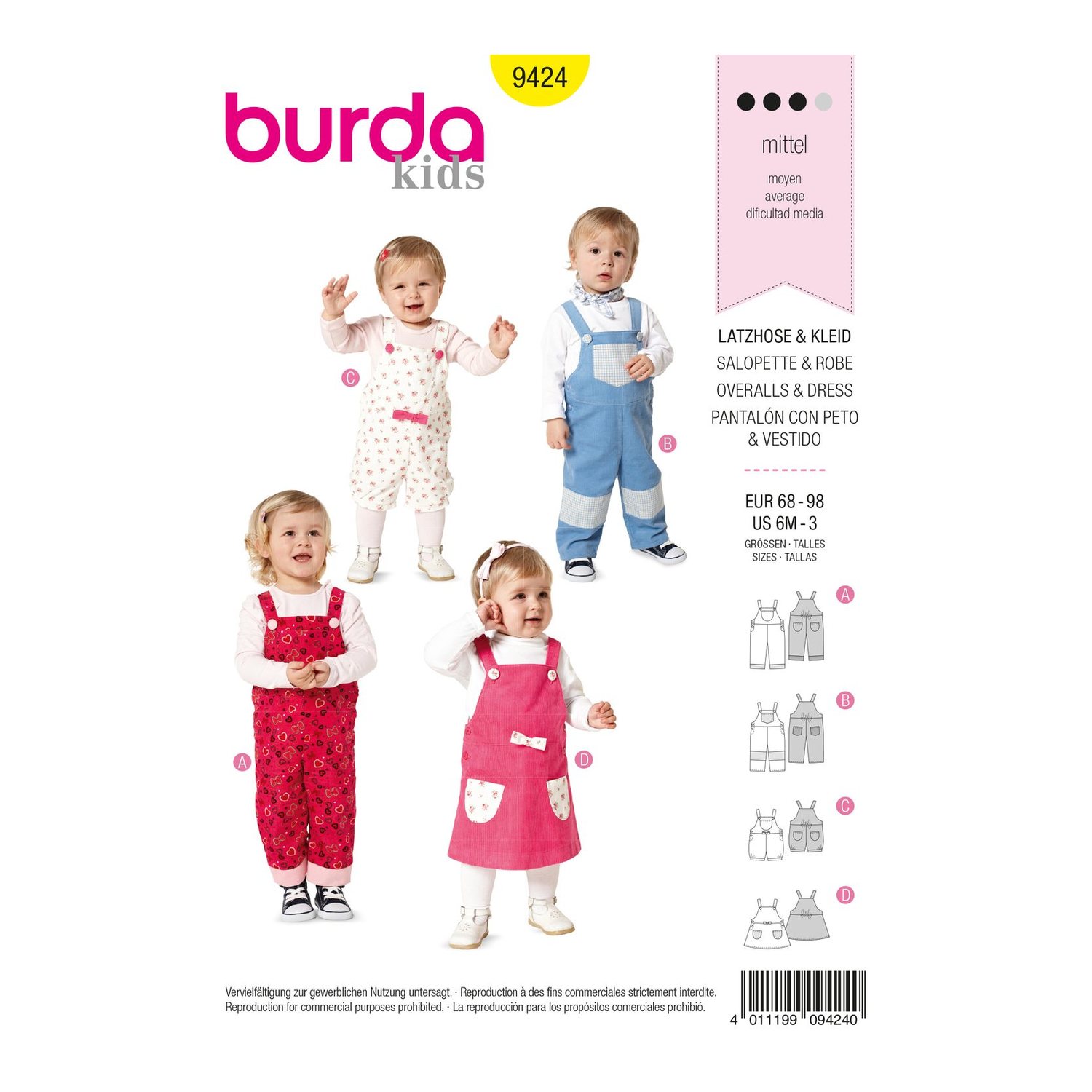 burda style Schnittmuster 9424: Latzhose und Latzrock, Vorderseite der Schnittmustertüte