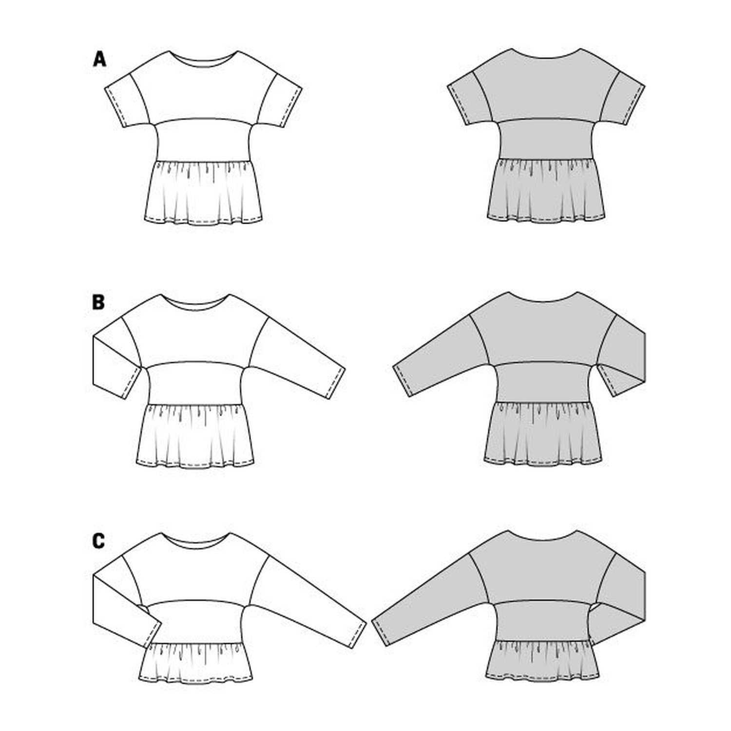 burda style Schnittmuster 5856: Blusenshirt mit Saumrüsche, Technische Zeichnung