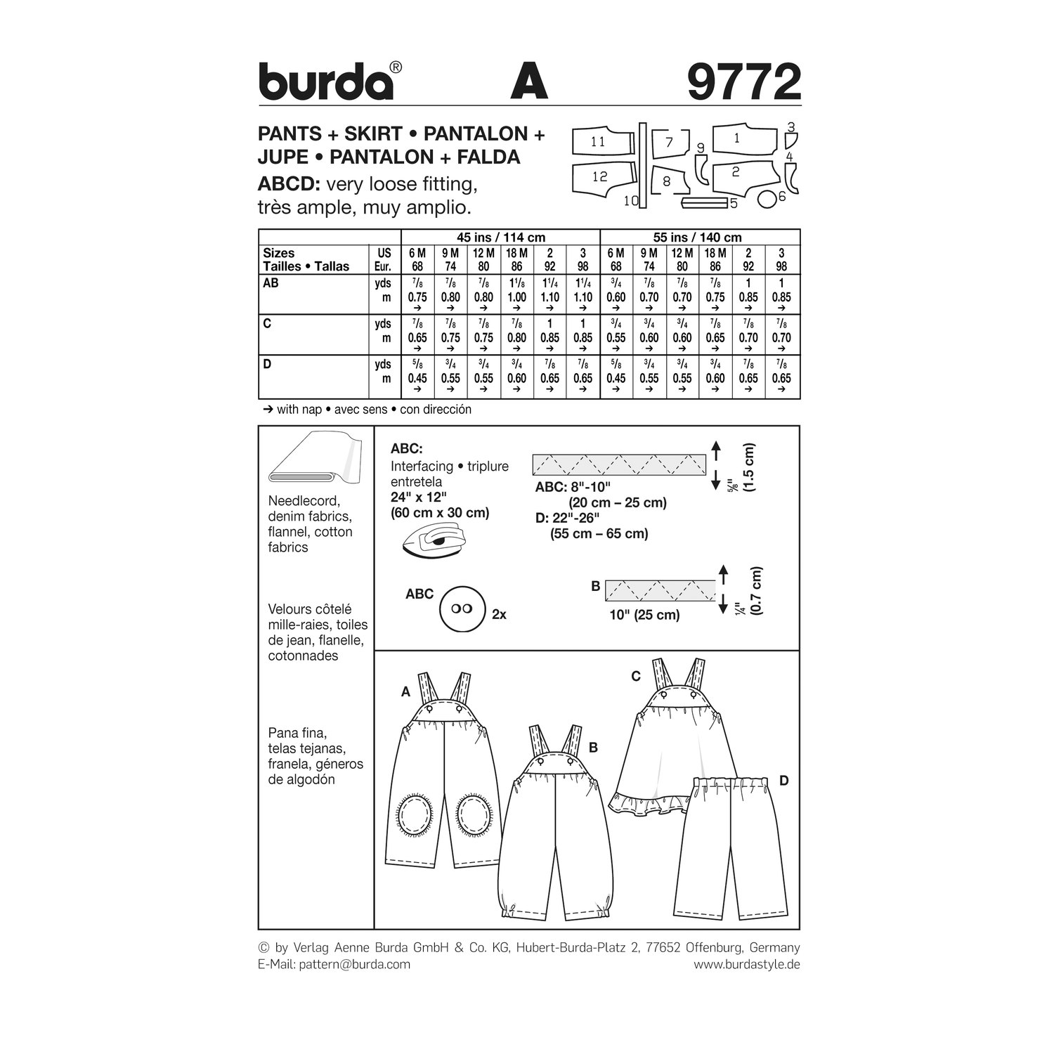 burda style Schnittmuster 9772: Latzhose und Latzrock, Rückseite der Schnittmustertüte mit Stoffverbrauch