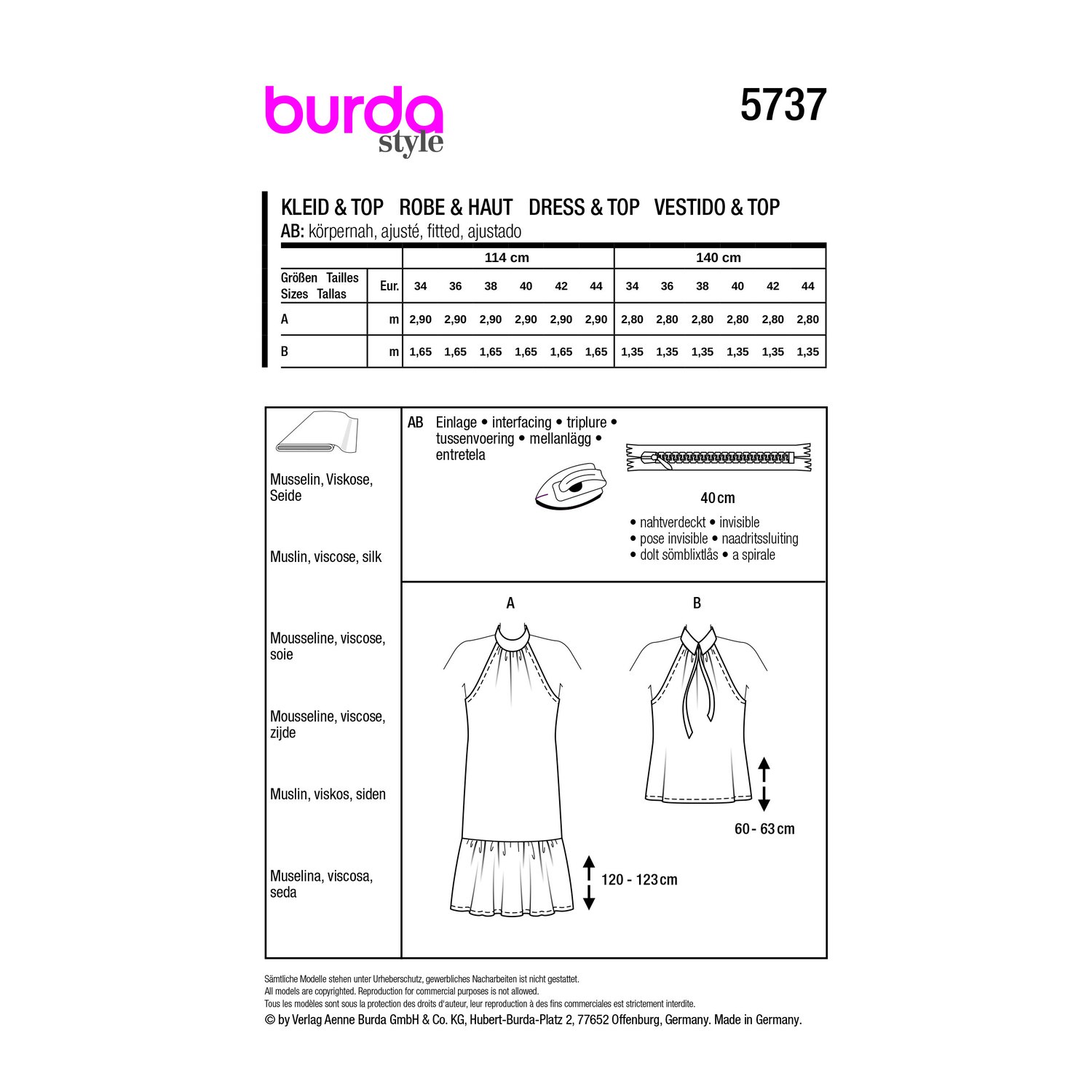 burda style Schnittmuster 5737: Neckholderkleid und Top mit Kragen, Rückseite der Schnittmustertüte mit Stoffverbrauch