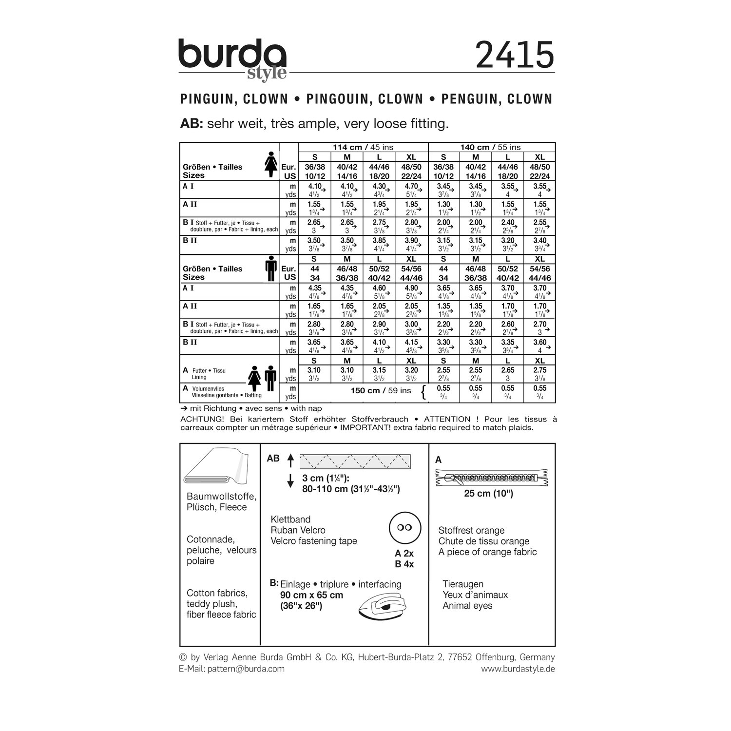 burda style Schnittmuster 2415: Kostüme Clown und Pinguin für Erwachsene, Rückseite der Schnittmustertüte mit Stoffverbrauch
