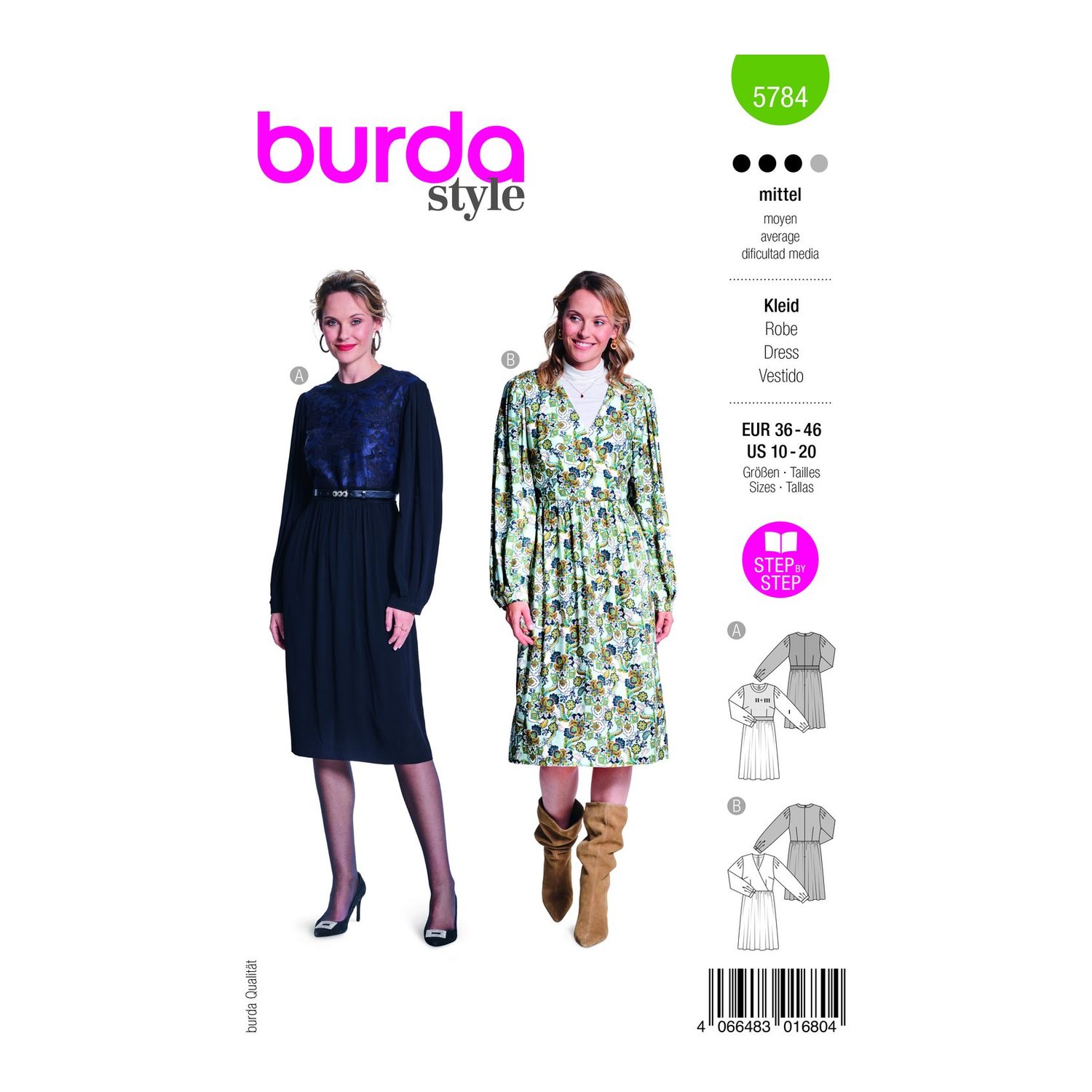 burda style Schnittmuster 5784: Kleider mit voluminösen Ärmeln, Modellfoto 1
