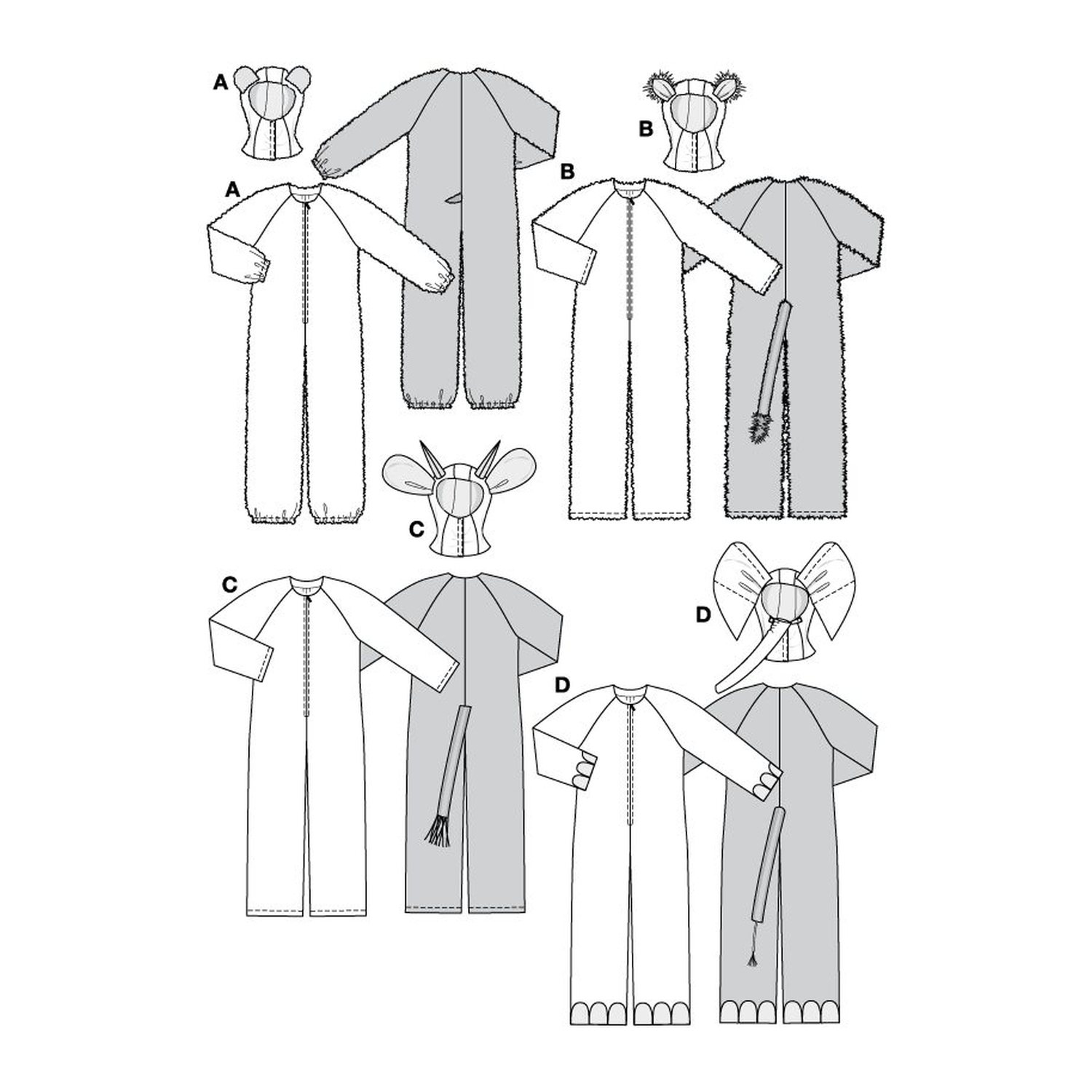 burda style Schnittmuster 2478: Tieroveralls mit separater Kapuze, Technische Zeichnung