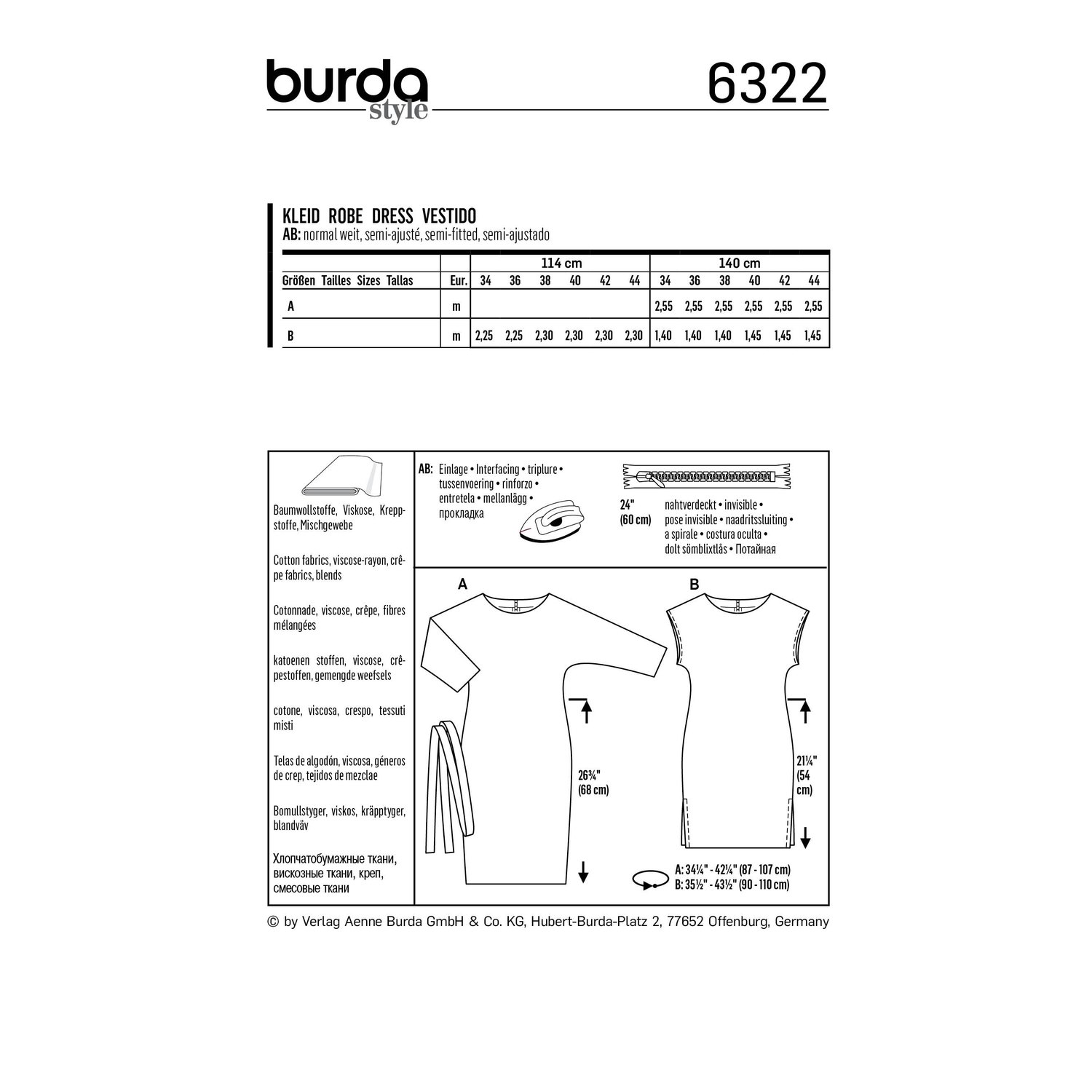 burda style Schnittmuster 6322: Tunikakleid und Hängerkleid, Rückseite der Schnittmustertüte mit Stoffverbrauch
