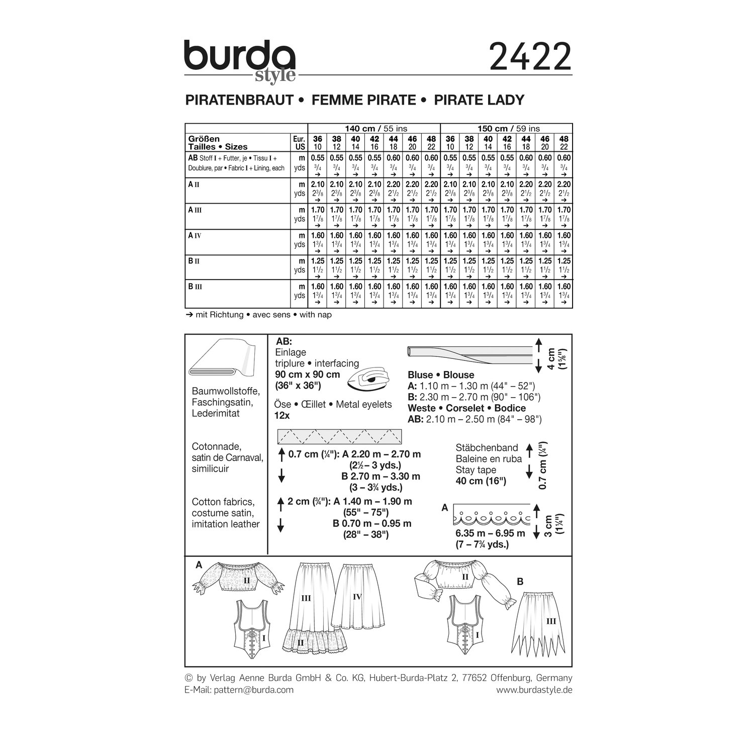 burda style Schnittmuster 2422: Piratenkostüm für Damen, Rückseite der Schnittmustertüte mit Stoffverbrauch