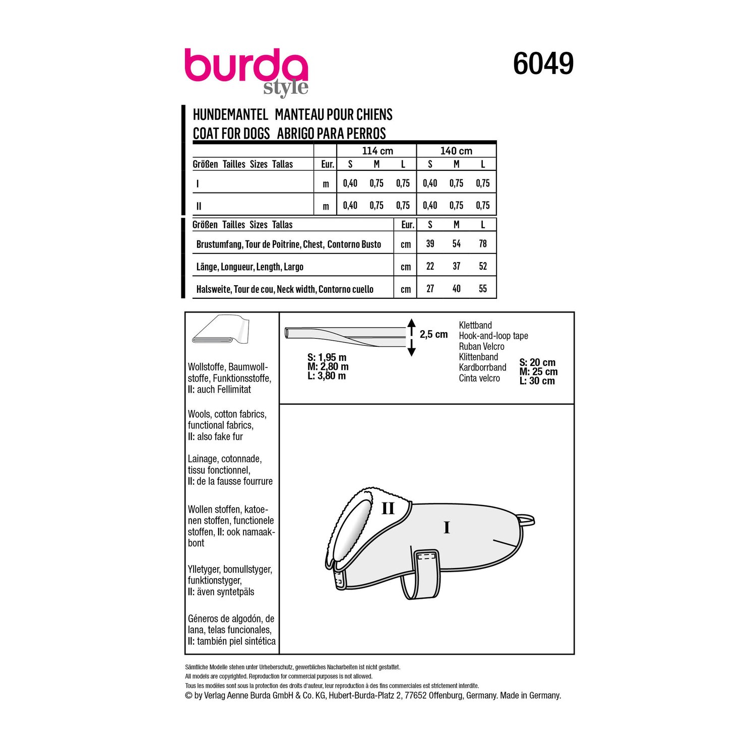 burda style Schnittmuster 6049: Hundemantel mit Klettverschluss, Rückseite der Schnittmustertüte mit Stoffverbrauch